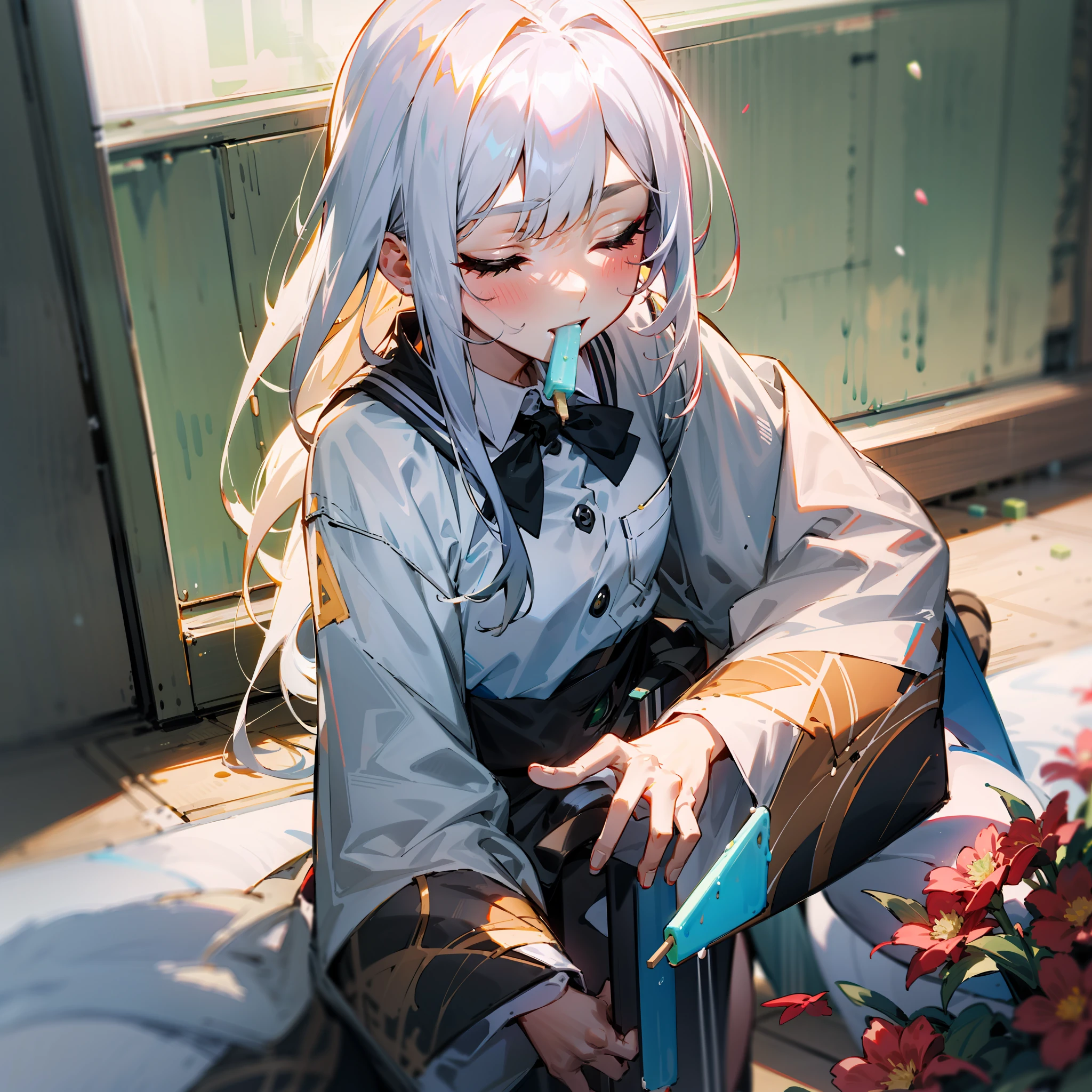 closing her eyes，Eating cylindrical green popsicles，Enjoyed the look