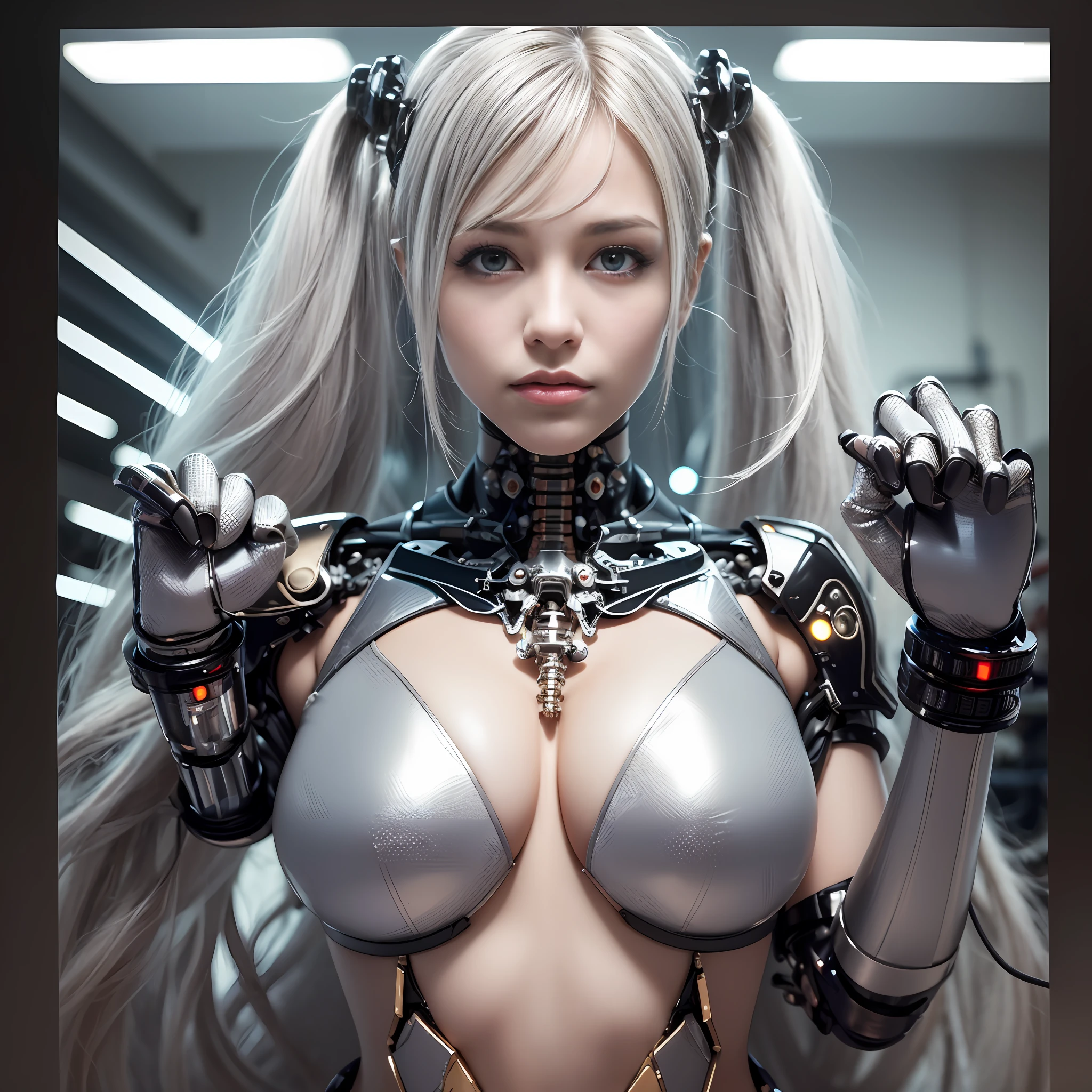 Beautiful Face,face is Japan, 1 Woman, Big, Curvaceous, (16k, RAW photo, top quality, masterpiece: 1.2), (HDR, Realistic, Photorealistic: 1.37) (tube attached to the body), (Bikini Cyborg robot parts)))), (light gray hair), Long hair, Wavy hair, Twin tails, Medium shot, ( Seductive smile)), (black eyes), double eyelids, princess cut, from below, (whole body),posing,,in the lab,( tube connected to blood vessel),((mechanical vertebrae attached to the back)),((mechanical neck attached to the neck)),(wire and cable attached to head and body),(character focus),science fiction,perfect female figure,perfect anatomy, hyperanatomy, full body shot, relationship between up to 4 fingers and 1 thumb, spherical joint,