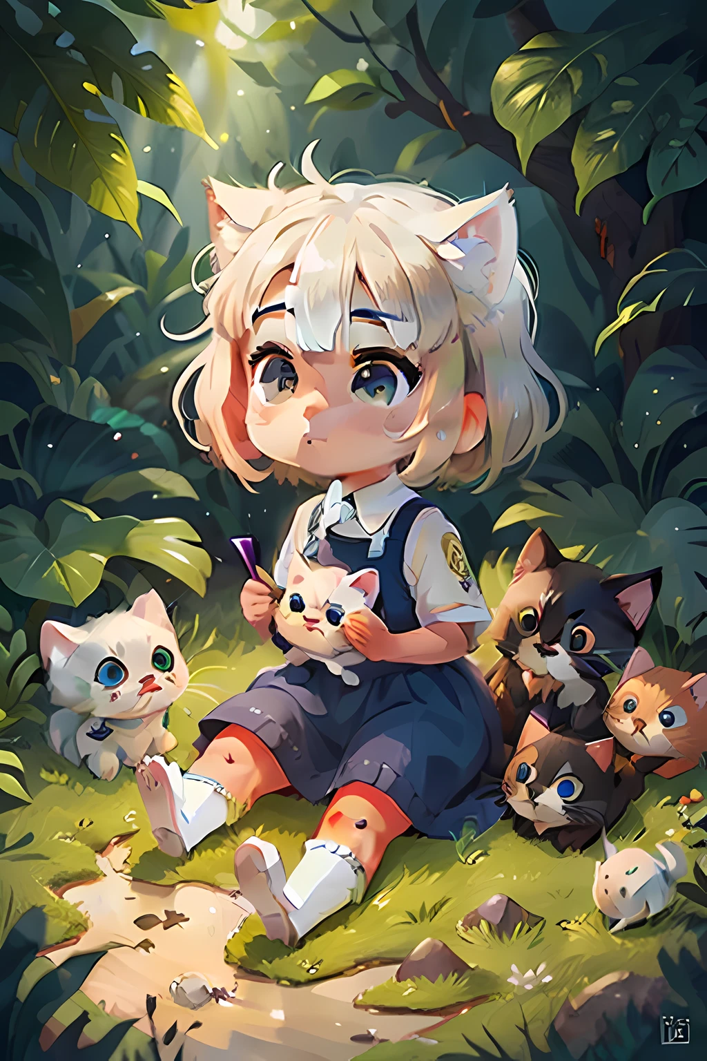 A kitten, white hair, cute, chibi, blue eyes