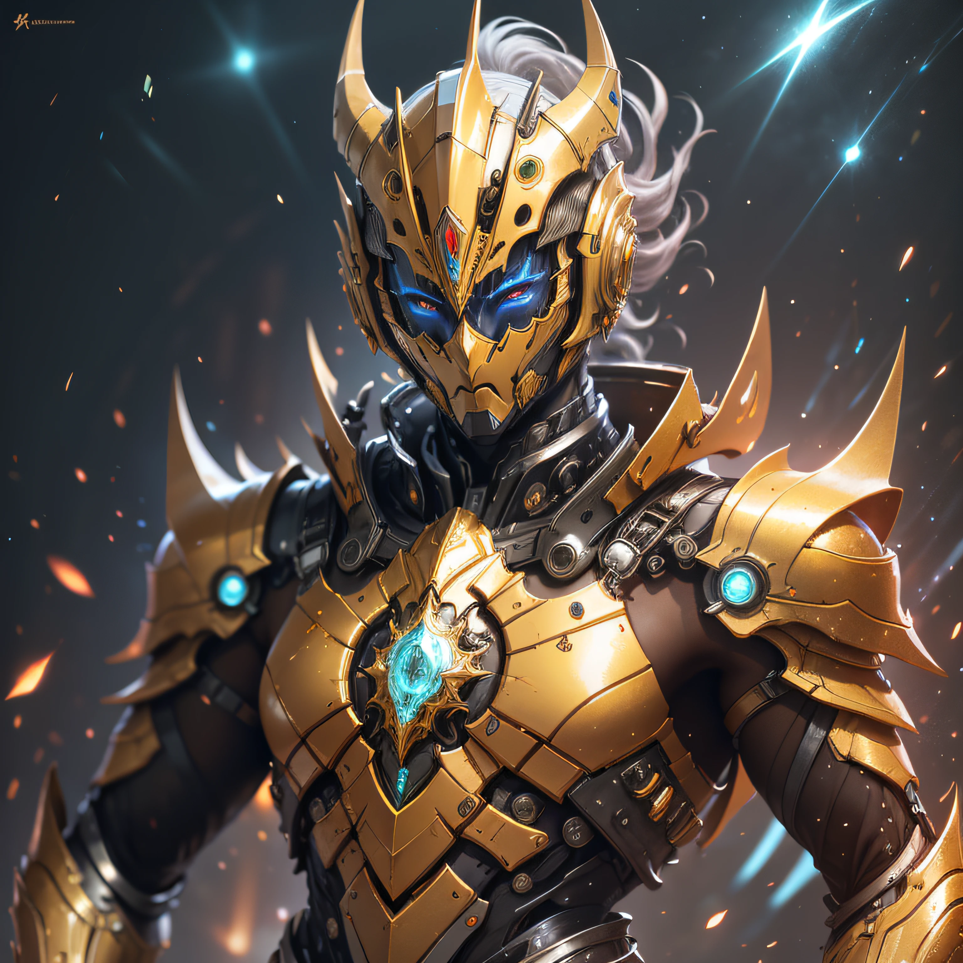 half body image, bioluminic, Gold galactic cybernetic mask, Gold power ranger armor style, sh4g0d,