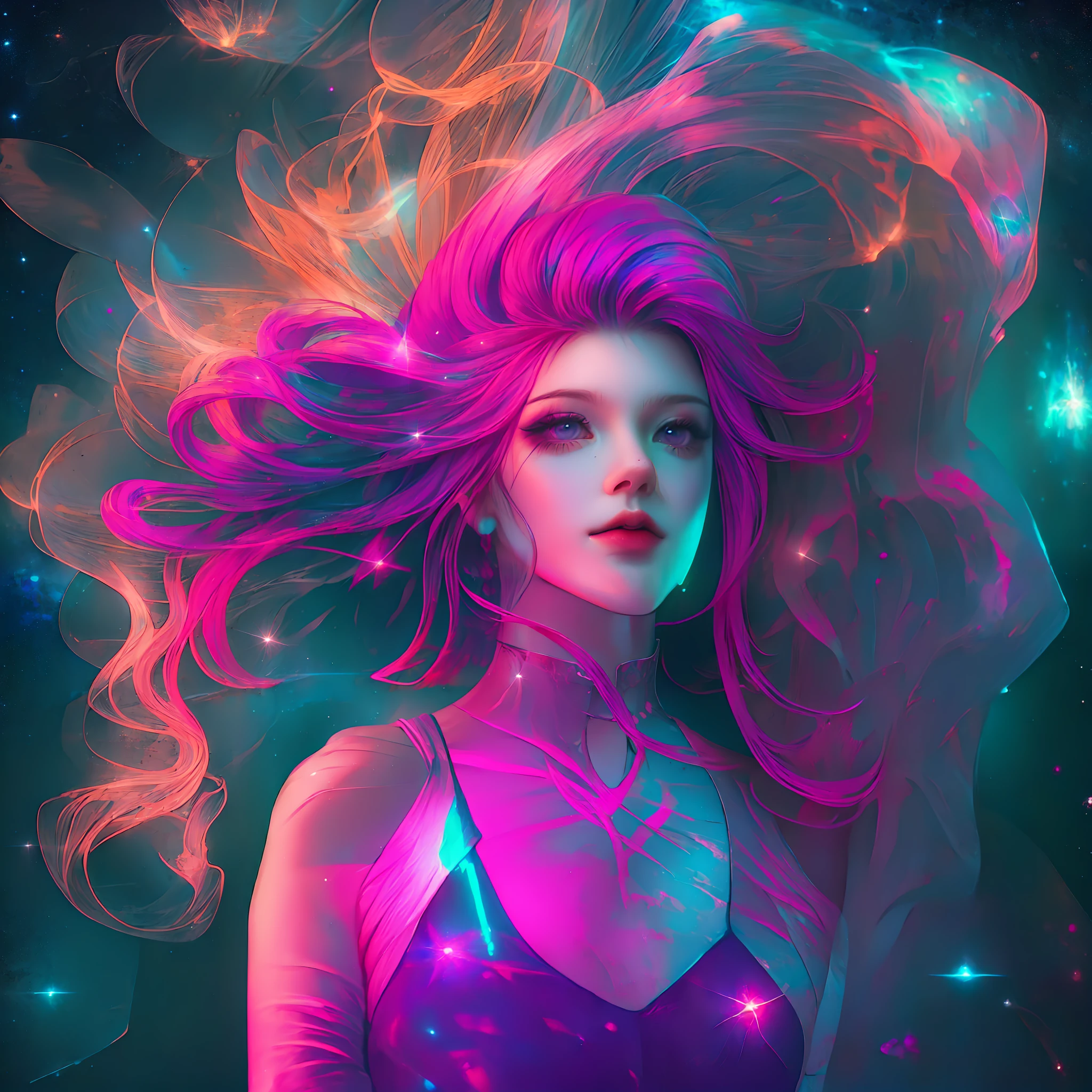A beautiful gorgeous woman with neon glowing hair in galaxies forms standing