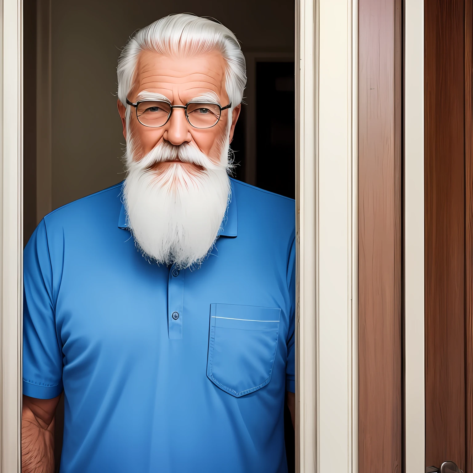 foto realista de Homem de 80 anos, Caucasian with white beard and blue shirt standing in front of a door, cabelos brancos e barba branca, cabelos brancos e barba, cabelos brancos e barba branca, barba e cabelo brancos arrumados, barba branca completa, cabelos e barba prateados --auto