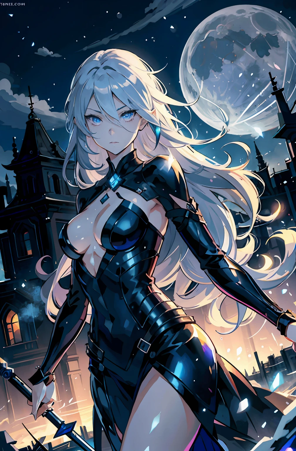 A mysterious Shadow Elf assassin, her skin a deep azure, brandishing a pair of gleaming daggers in a moonlit city, 8k, noir-inspired anime style, high resolution, quick hands, piercing gaze, detailed eyes and hands, shadowy garb, midnight-blue and silver gear, wielding twin blades ready, silent as a whisper, focused expression, 2D illustration, long white hair, hair like snow, detailed hair, lavender eyes, haunting lavender eyes, detailed eyes, eyes revealing nothing, the silent moon above, stealth, urban rooftops in the background.
