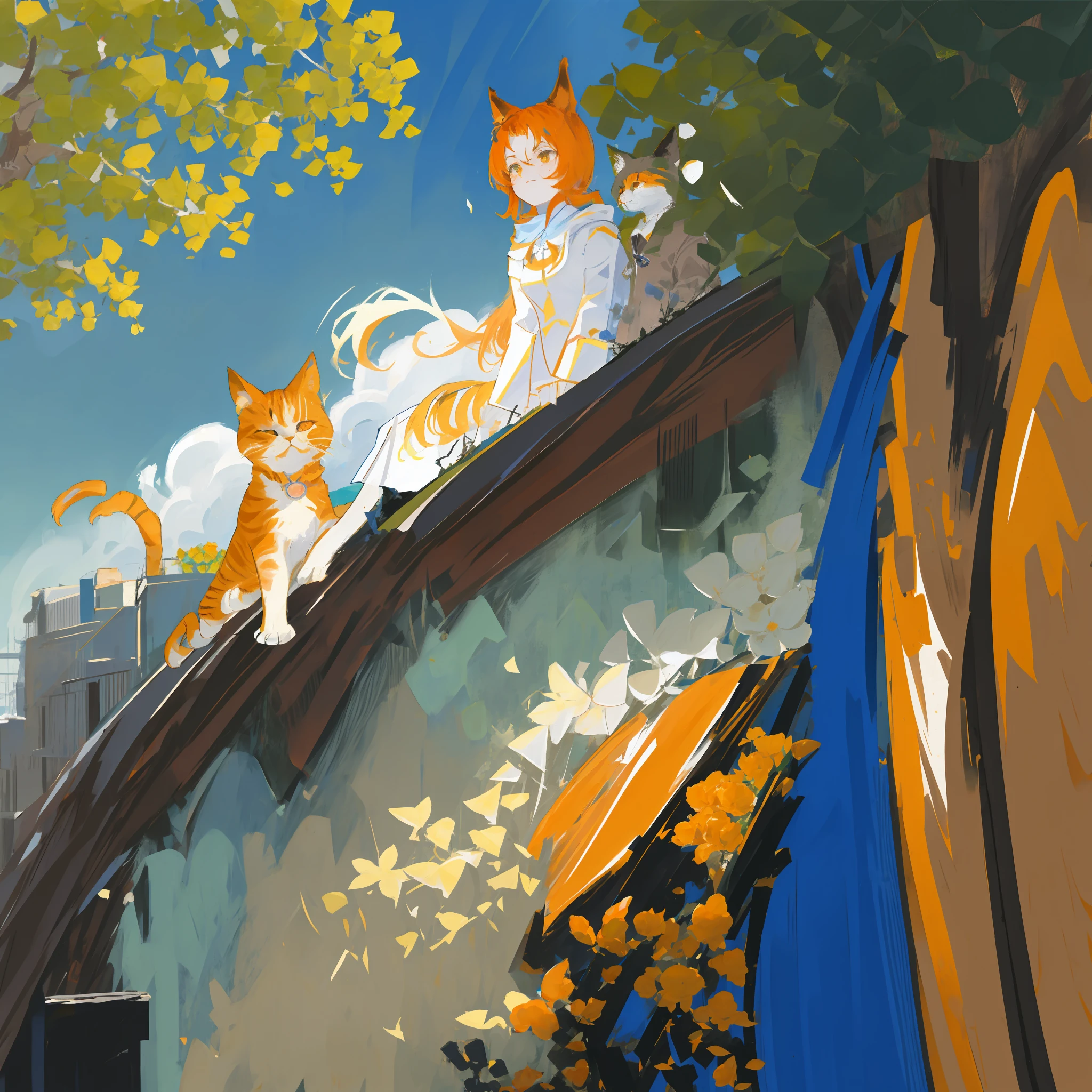 On top of the high wall stood an orange cat,Blue sky with blank clouds,A tree full of flowers leaned against the corner,There are mottled traces of time on the walls。Realist painting style。