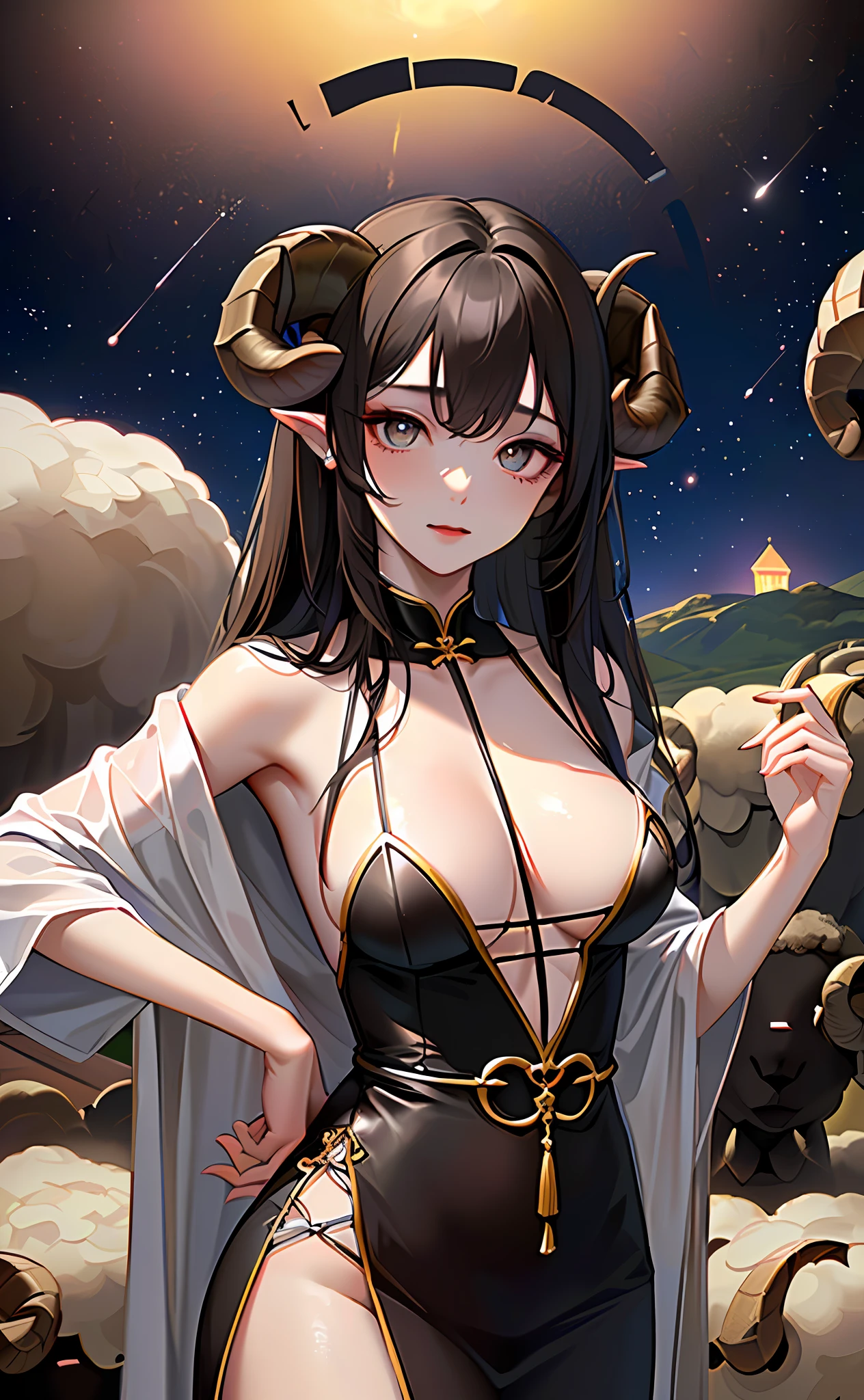 (Photorealsitic:1.3), masterpiece, top-quality, (intricate detailes:1.2), (landscapes:1.3), beautiful countenance, (Black theme:1.3),
(((1girl in、Girl in priestly clothes、(Take a look at Veiwer:1.3).((Brown sheep horns))、)))、Baphomet、Detailed pupils、Drawn eyes、((((The universe in the eye))))、