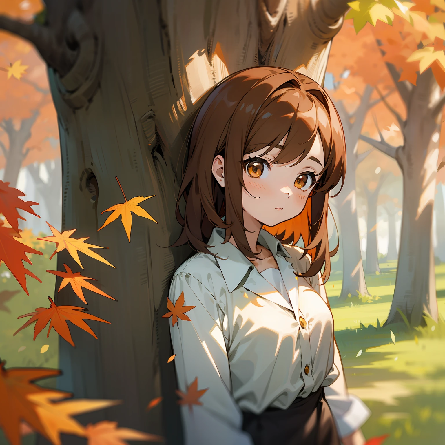 Anime girl with brown hair and white shirt standing in front of a tree, 🍁 Cute, Orange and brown hair，leafs, style of anime4 K, in summer,Anime art wallpaper 4k, Anime wallpaper 4K, Anime wallpaper 4 k, a beautiful anime portrait,