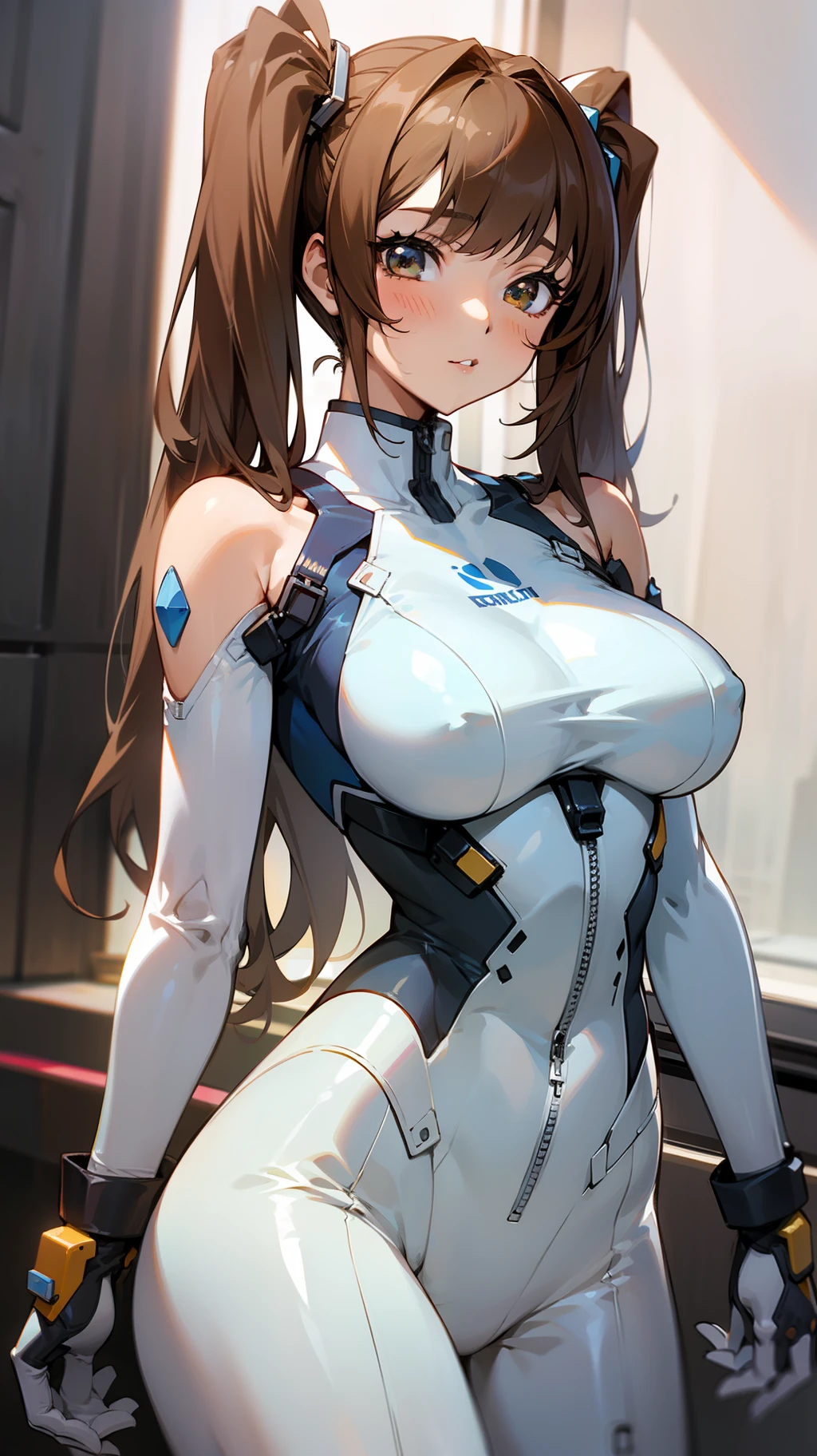 an anime girl wearing a sexy outfit Are standing, 1girl, solo, breasts, looking at viewer, twintails, standing, long hair, white bodysuit, white gloves, bangs, gloves, bodysuit, bare shoulders, large breasts, brown hair