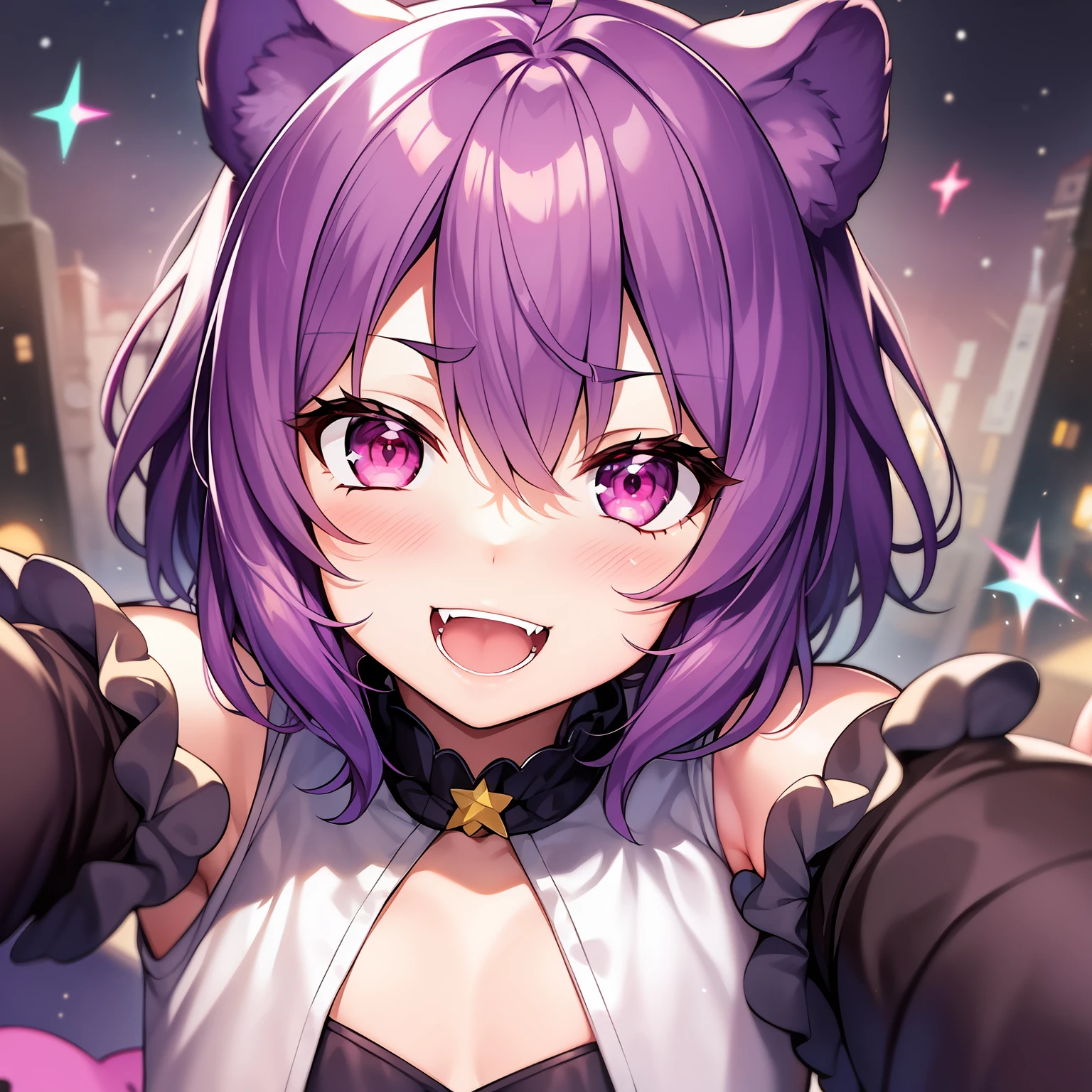1girl, solo, animal ears, pose, happy, smiling, fangs, purple bear ears, purple hair, looking at viewer, ahoge, bangs, short hair, original character, pink eyes, magenta eyes, red eyes, multicolor eyes, short hair, wavy hair, swept bangs, small breasts, flat chest, bear ears, tired, sleepy, bags under eyes, beauty mark, young, loli, short eyebrows, stars, pose, hugging viewer, reaching towards viewer, reaching, outstretched arms, carry me