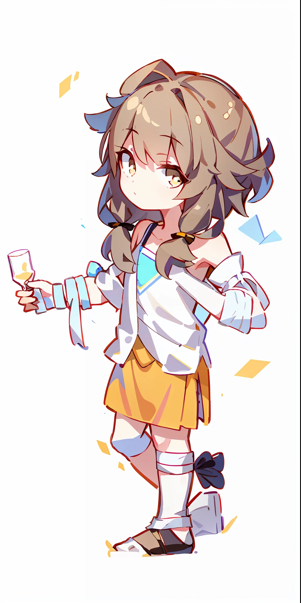 Girl, solid background, ink, antique, white cup in hand, bandage on arms, bandages on feet, light brown hair