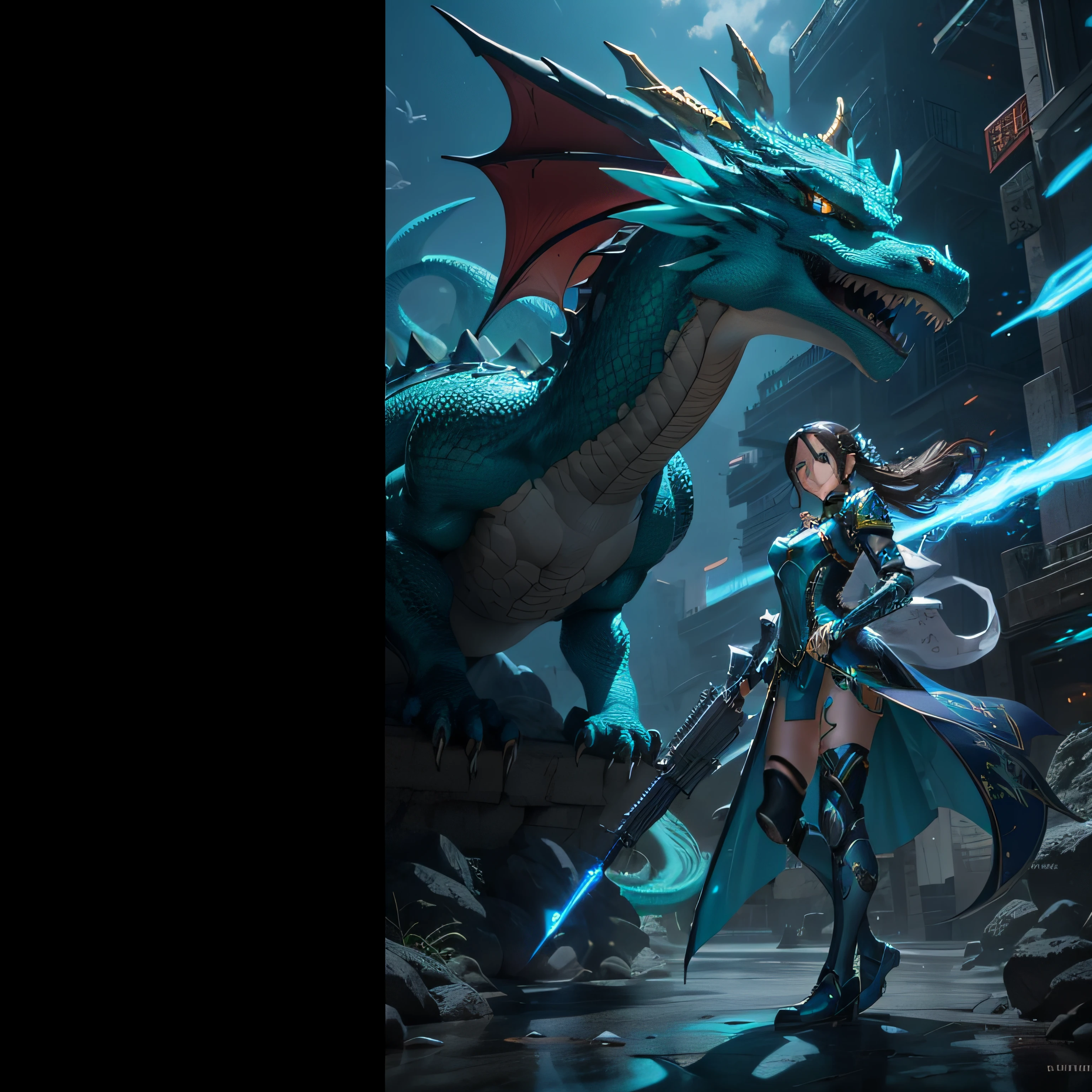 tmasterpiece，Best quality at best，high qulity，非常详细的 CG 统一 8k 壁纸，big dragon，teens girl，metall armour，Long Gun，aqua background， --auto