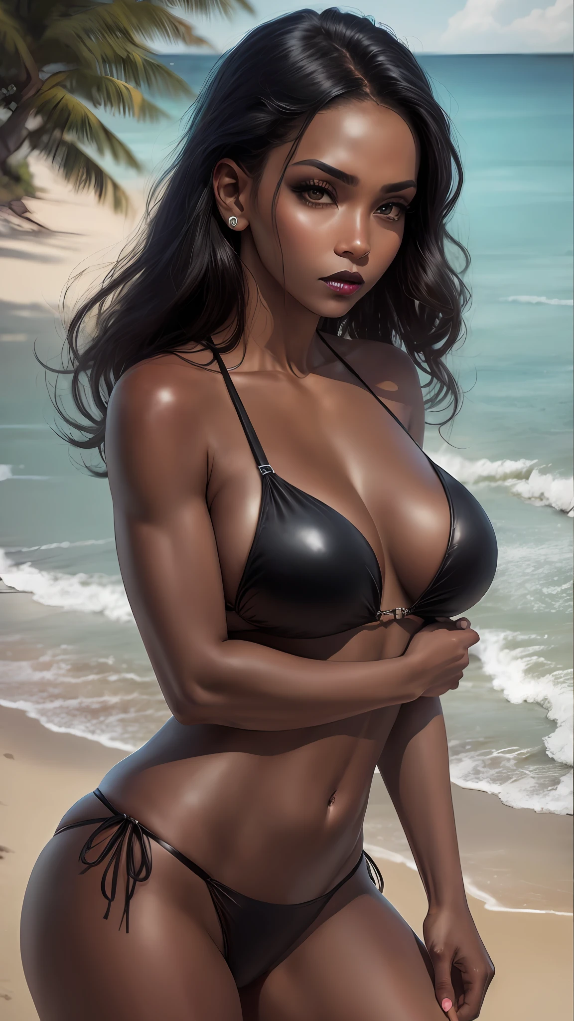 Obra-prima, alta qualidade, alta resolução, detalhes extremos, 1 mulher, 30 anos, negra, pele escura, seios grandes, quadril largo Dark lips, cabelo curto, bikini, praia, sol.