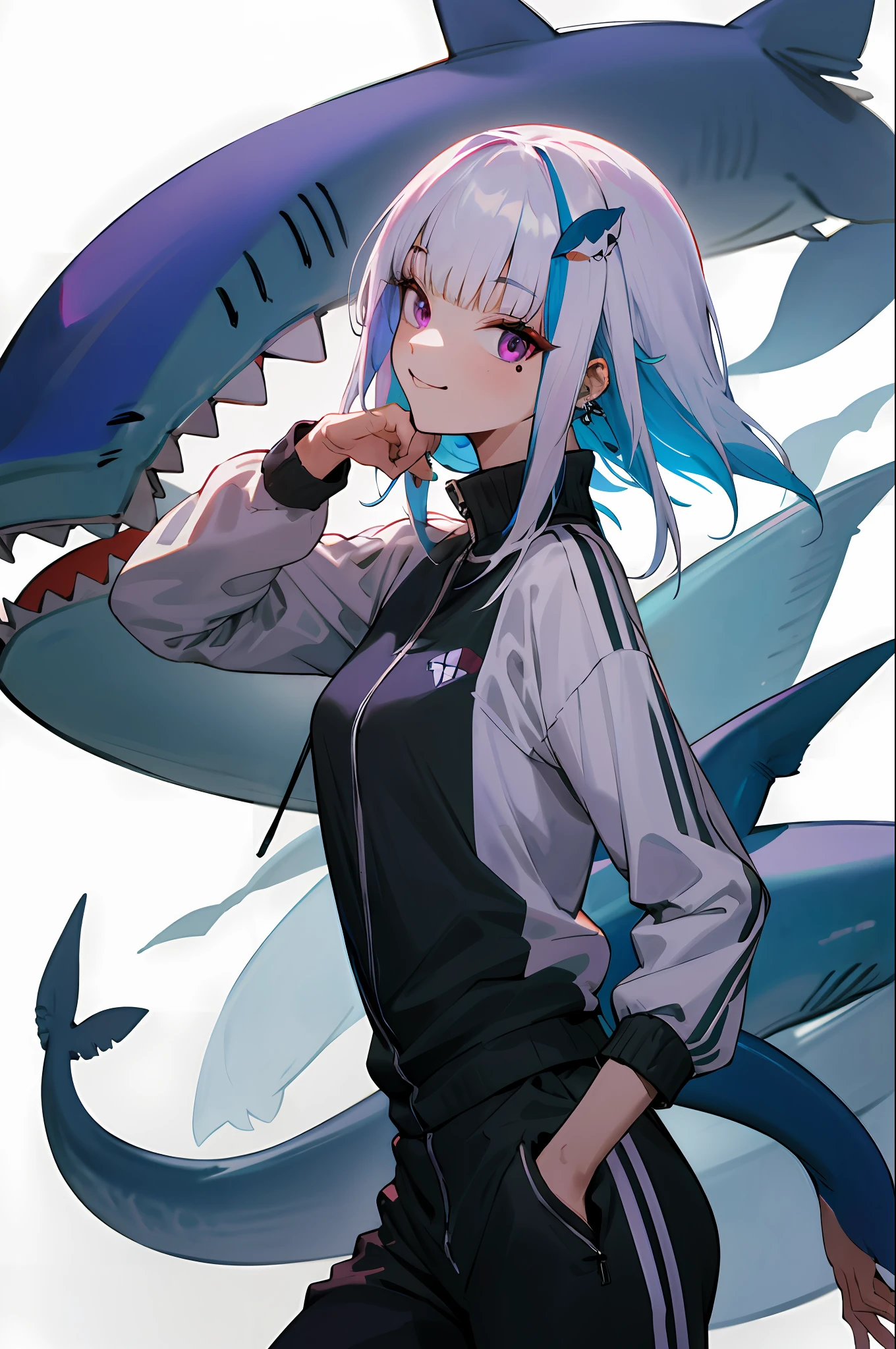 habeom,solo, purple eyes,  looking at viewer, smile, simple background, white background, mole, from side, piercing, colored inner hair, ((shark fins on head)), (((hidden hand))), ((tracksuit)), snake eyes,  ((negative_hand-neg))