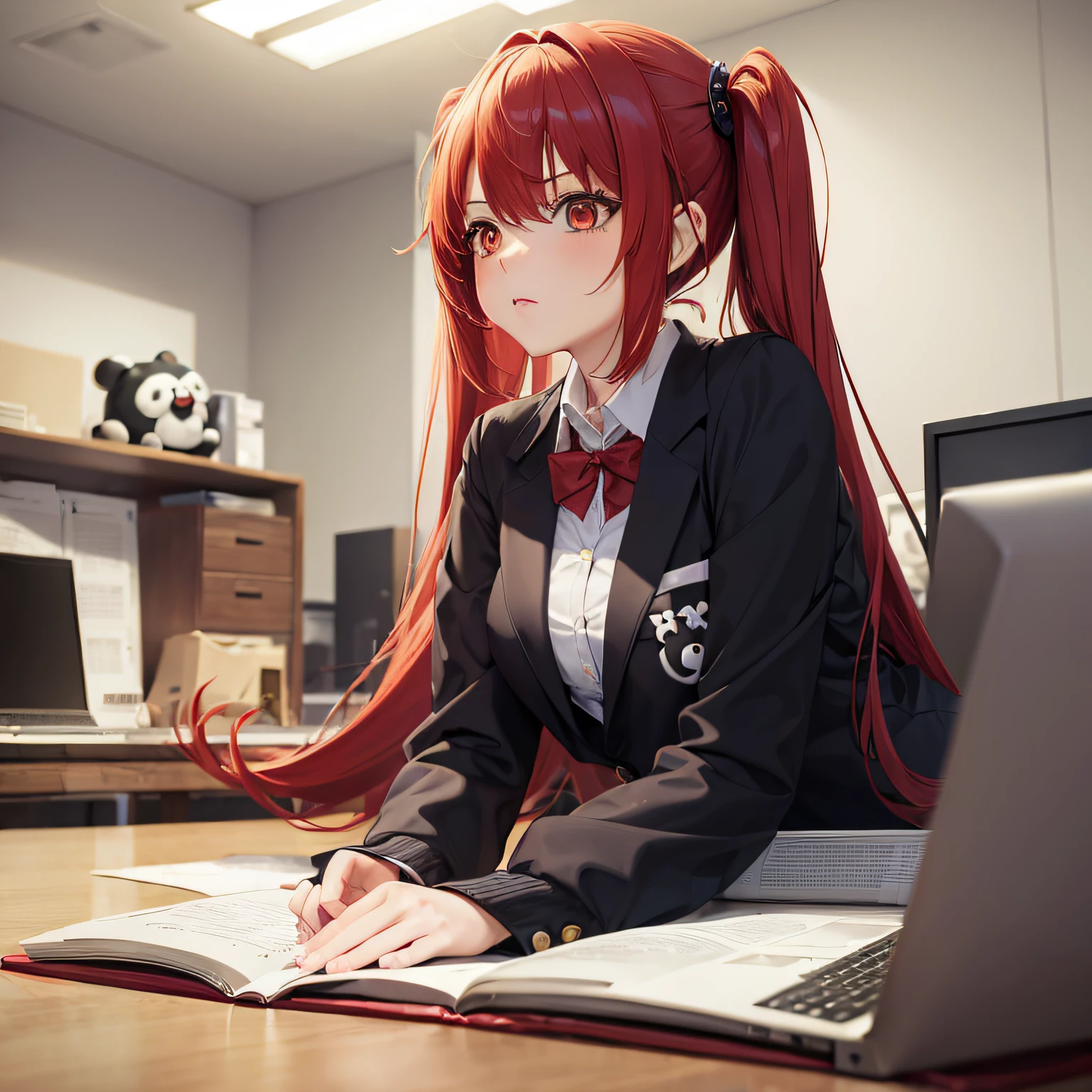((((masterpiece)))), best quality,
anime a girl laying on the office next to a depressed panda bear,
a girl have a laptop,red hair twintails,
japanese school suit,angry girl