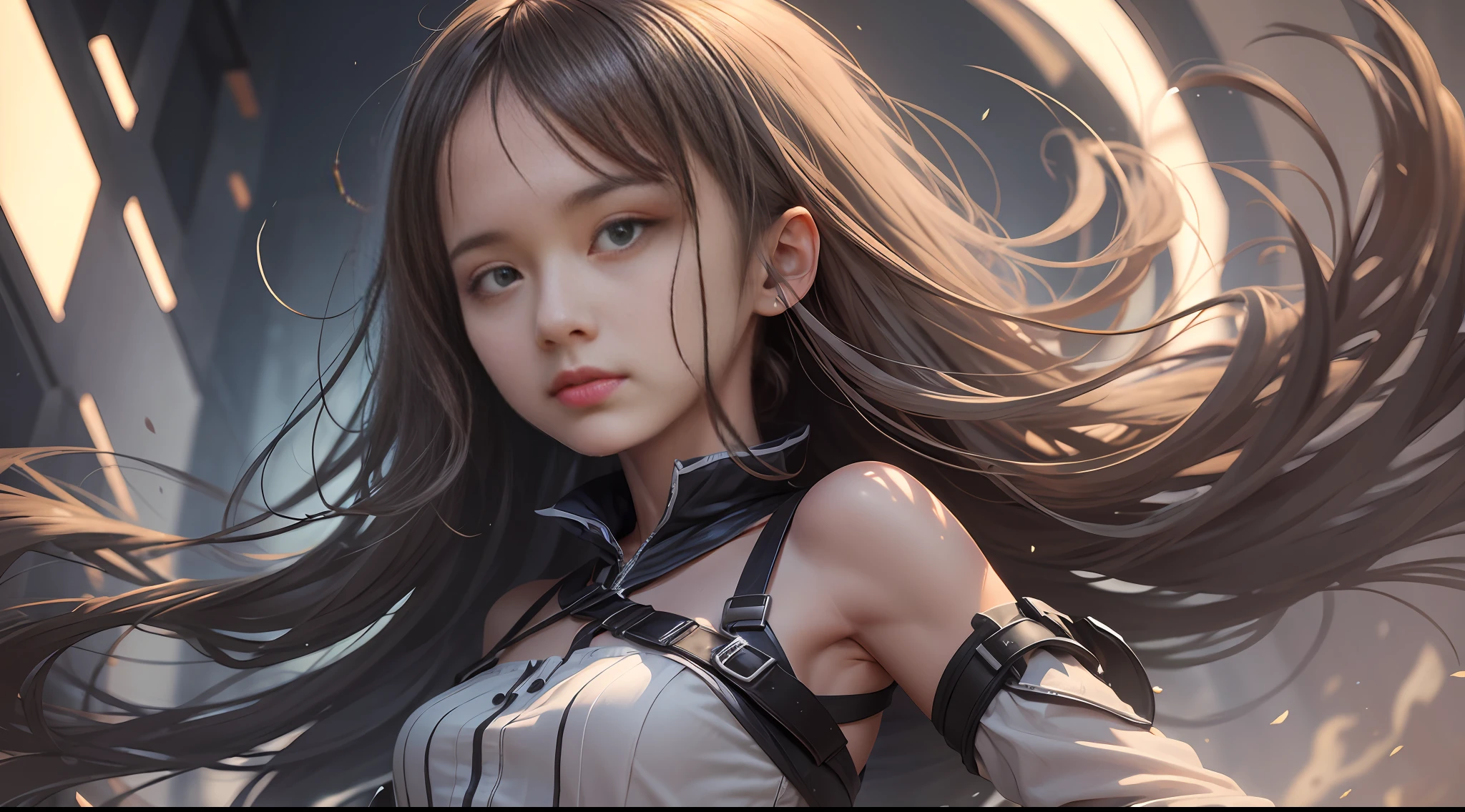 A girl,petite,realisticlying,The upper part of the body,Realistis,Floating hair,Detailed face --auto