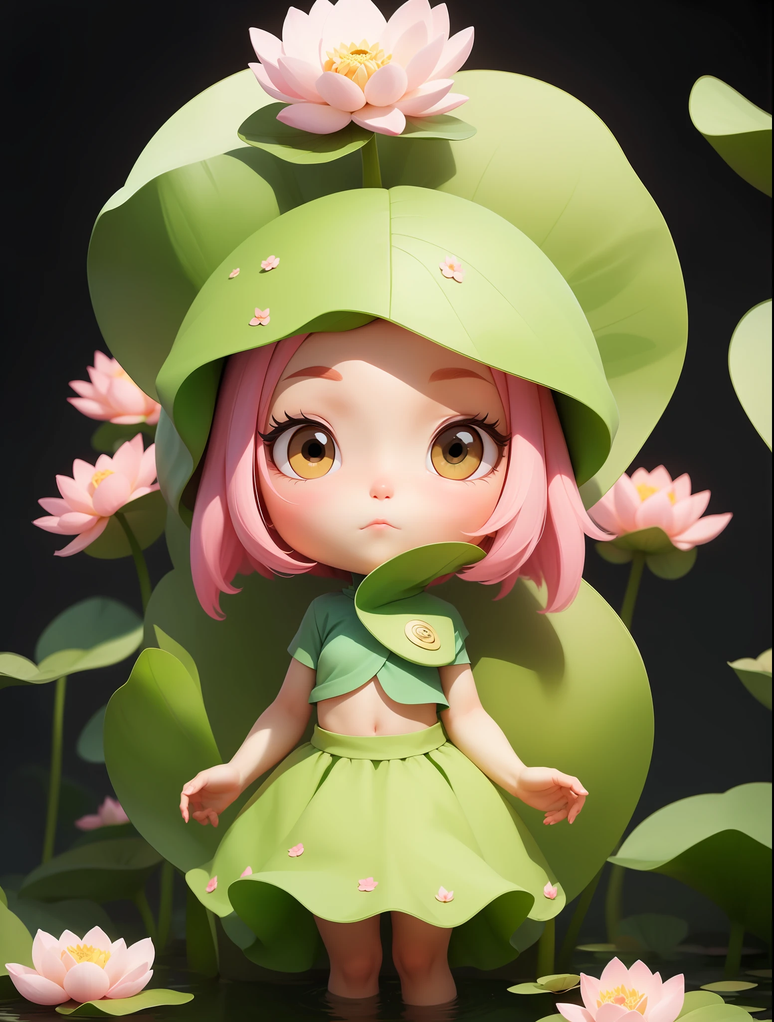 pinkskirt,lotuses,The lotus pond skirt was changed to a pink and green gradient,The flower on the head moves to one side,