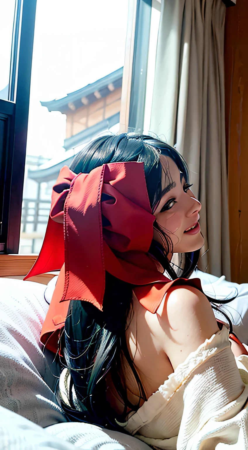 best qualtiy、masterpiece、photoRealstic、intricate-detail、Raw foto、Photon Rendering、Octane Rendering、absurderes、ultra-detailliert、A detailed face、Detailed skin、Trending in art stations、8K Masterpiece、lighting like a movie、( (1girl in))、((独奏) ))、CG Social Trends、Plastic En、((Black Long Hair))、((Beautuful Women))、(A smile)、Upper teeth、Fashionable、Hair that flutters in the wind、((Flowing hair))、fashion magazine、((A sexy))、((lighting like a movie)、((indirect lighting)、、(ssex)、Grinning、(View from a distance)、(Kimono)、Hair is up、Lying in bed、Expose、barechested、futon bedding、