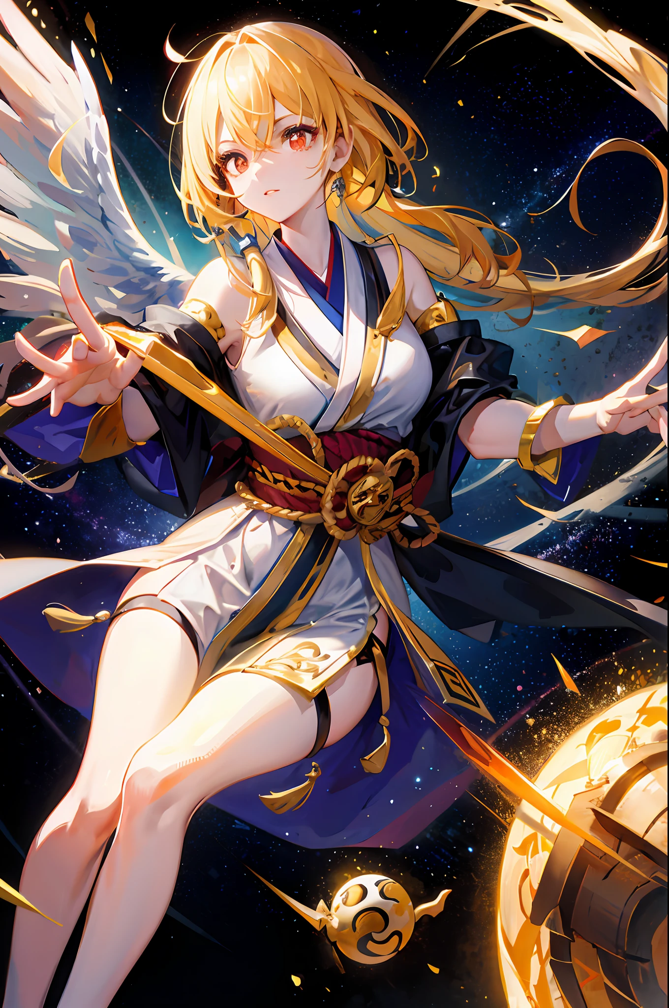 Japanese golden dragon scales, escamas branca com garras longas chifres, Olhos vermelhos, em um tumulto, outer space, fogo, Saturn golden scales white scales Red eyes high quality realism super resolution fierce action golden sword golden sword skin cleansing golden sword improved image reality