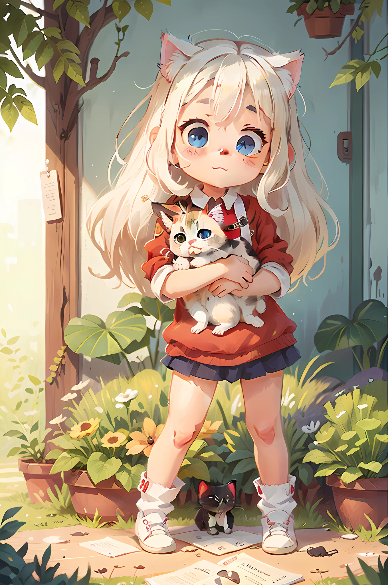 A kitten, white hair, cute, chibi, blue eyes