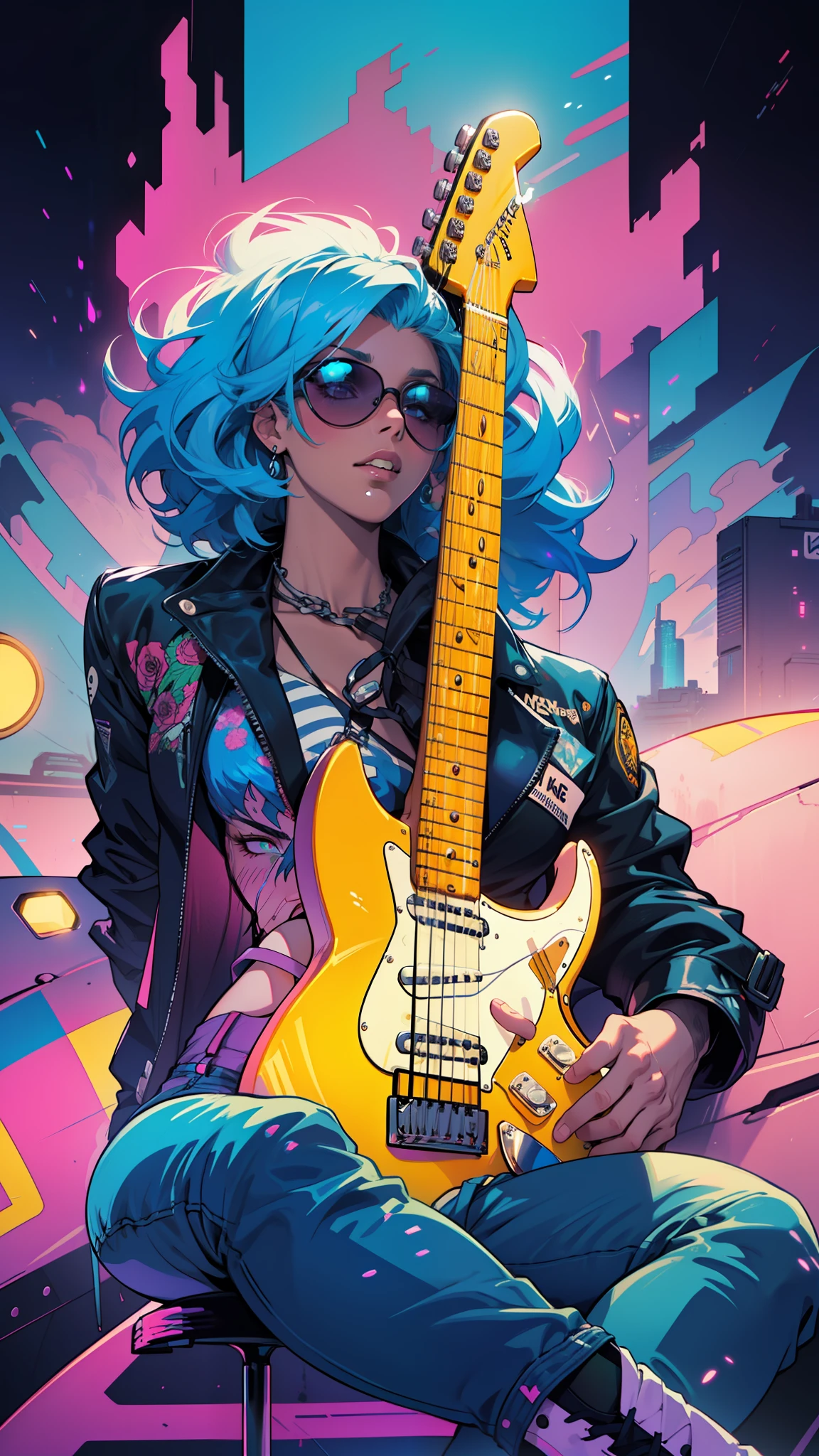 At the Retrowave Club, Music of the 80s (((electric guitar)))Unreal engine|Cannabis,Black Rose,Cool,Highly detailed,Neon, Dark Light, steampunc, Big Neon Synth Sun, spectrum, Rockstar ,