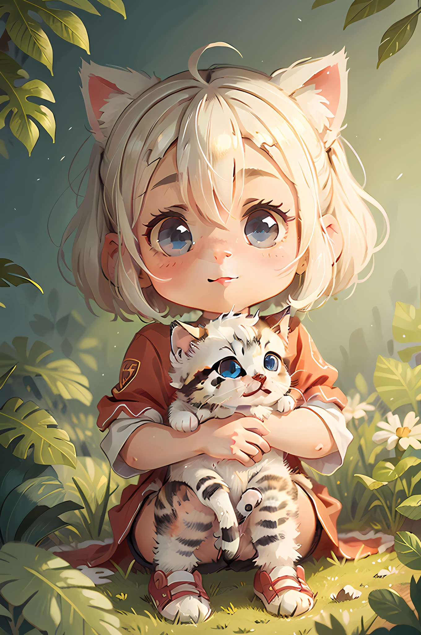 A kitten, white hair, cute, chibi, blue eyes