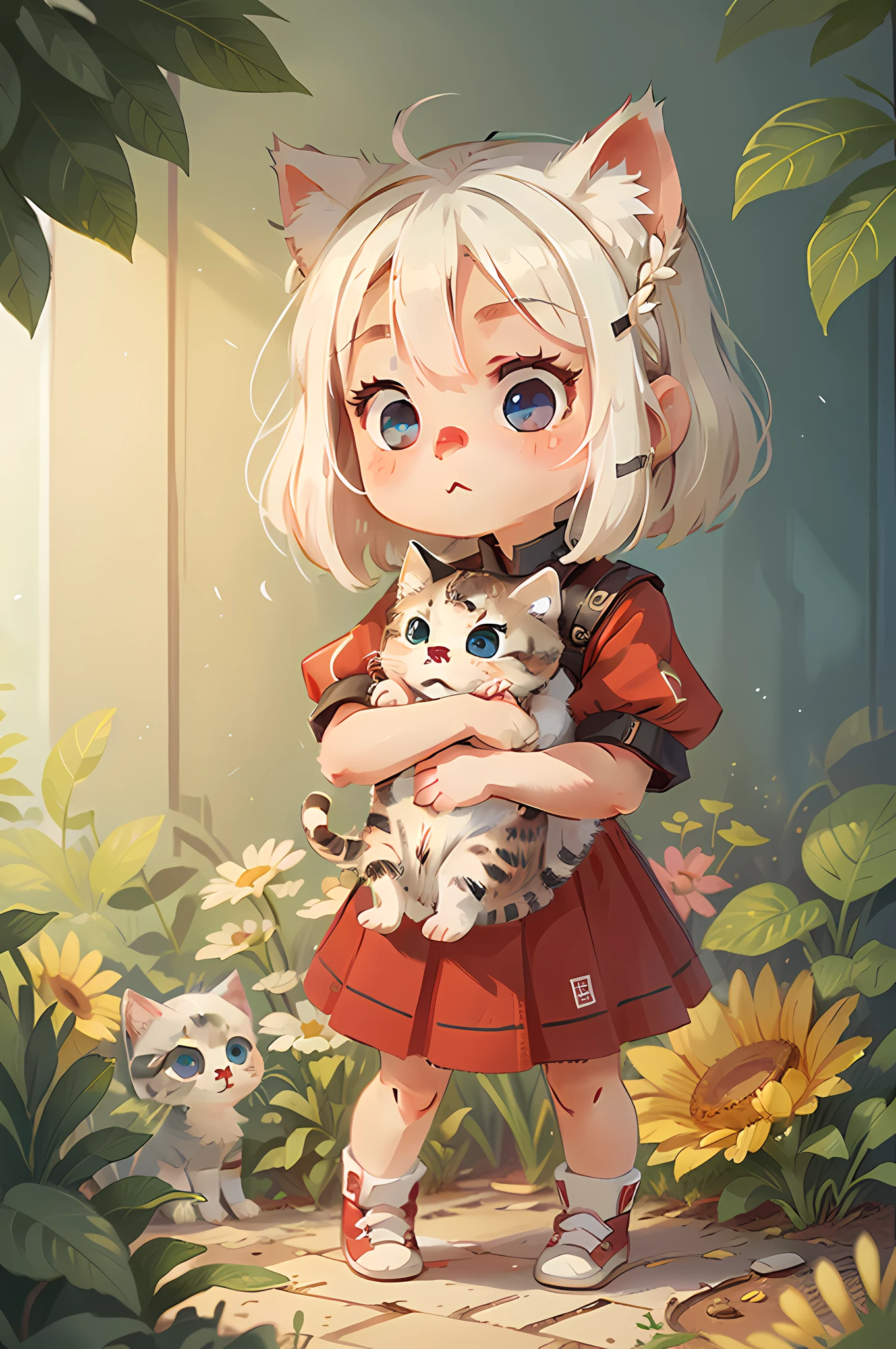 A kitten, white hair, cute, chibi, blue eyes