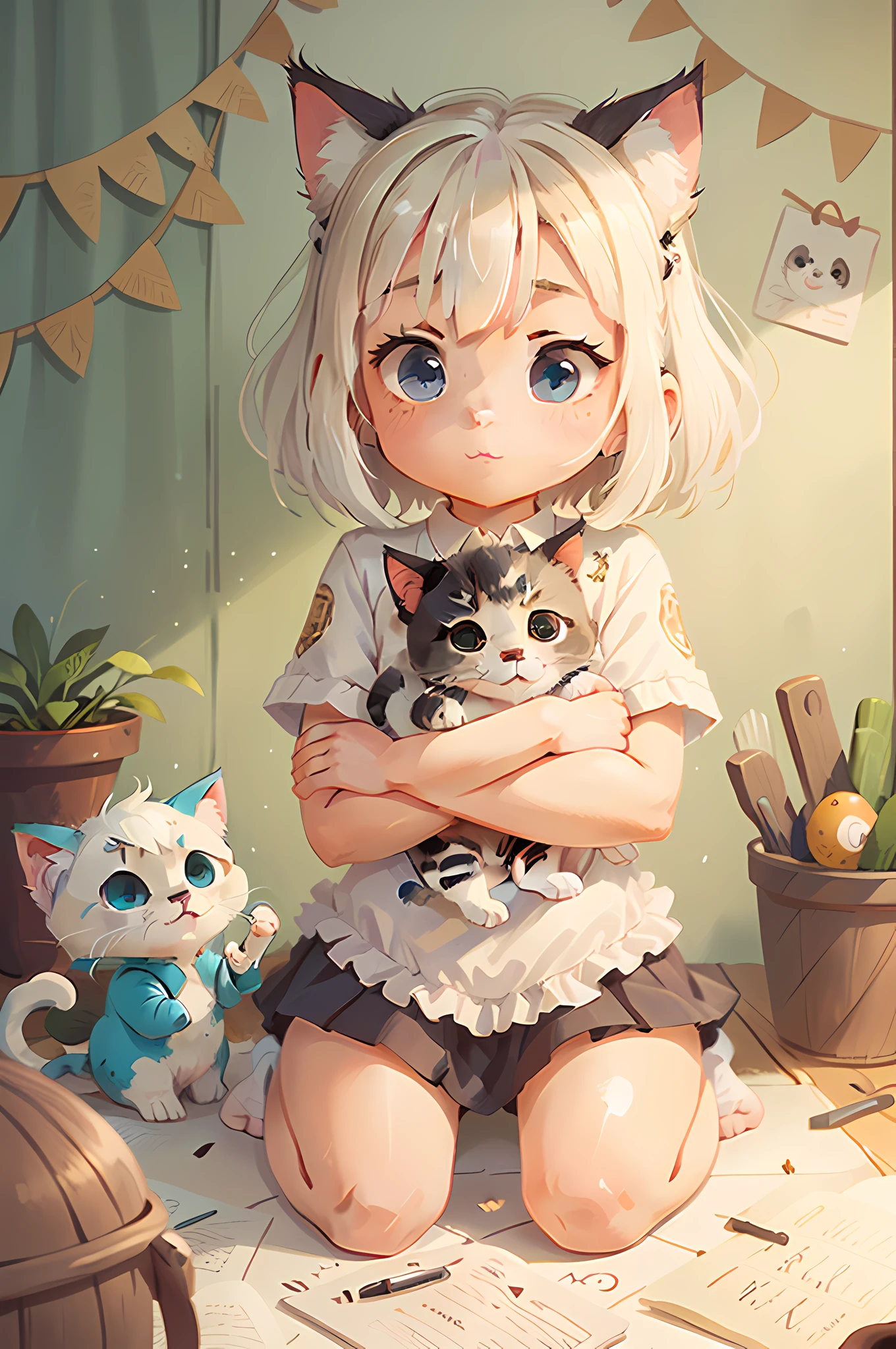 A kitten, white hair, cute, chibi, blue eyes