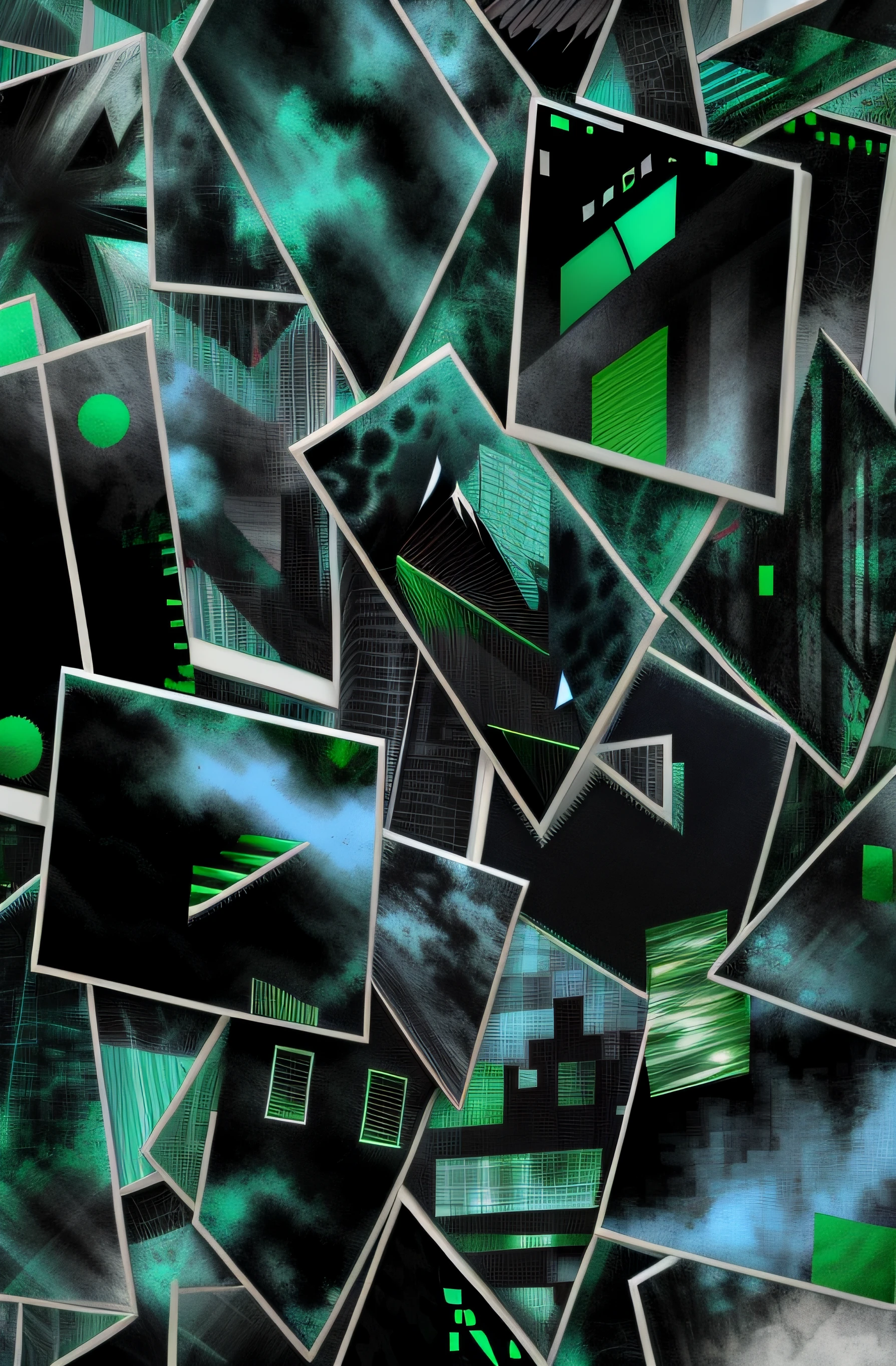 A close-up of a bunch of green and black pictures, abstract art representing data, Montage in the shape of a grid, shattered abstractions, synthetic cubism, abstract mirrors, Mesh montage of shapes, Abstract composition, Composed of broken mirrors, abstract forms and shapes, abstract conceptual, futurism painting, geometric abstraction, Abstract drawing techniques, promo art, highly abstract, Looming --auto