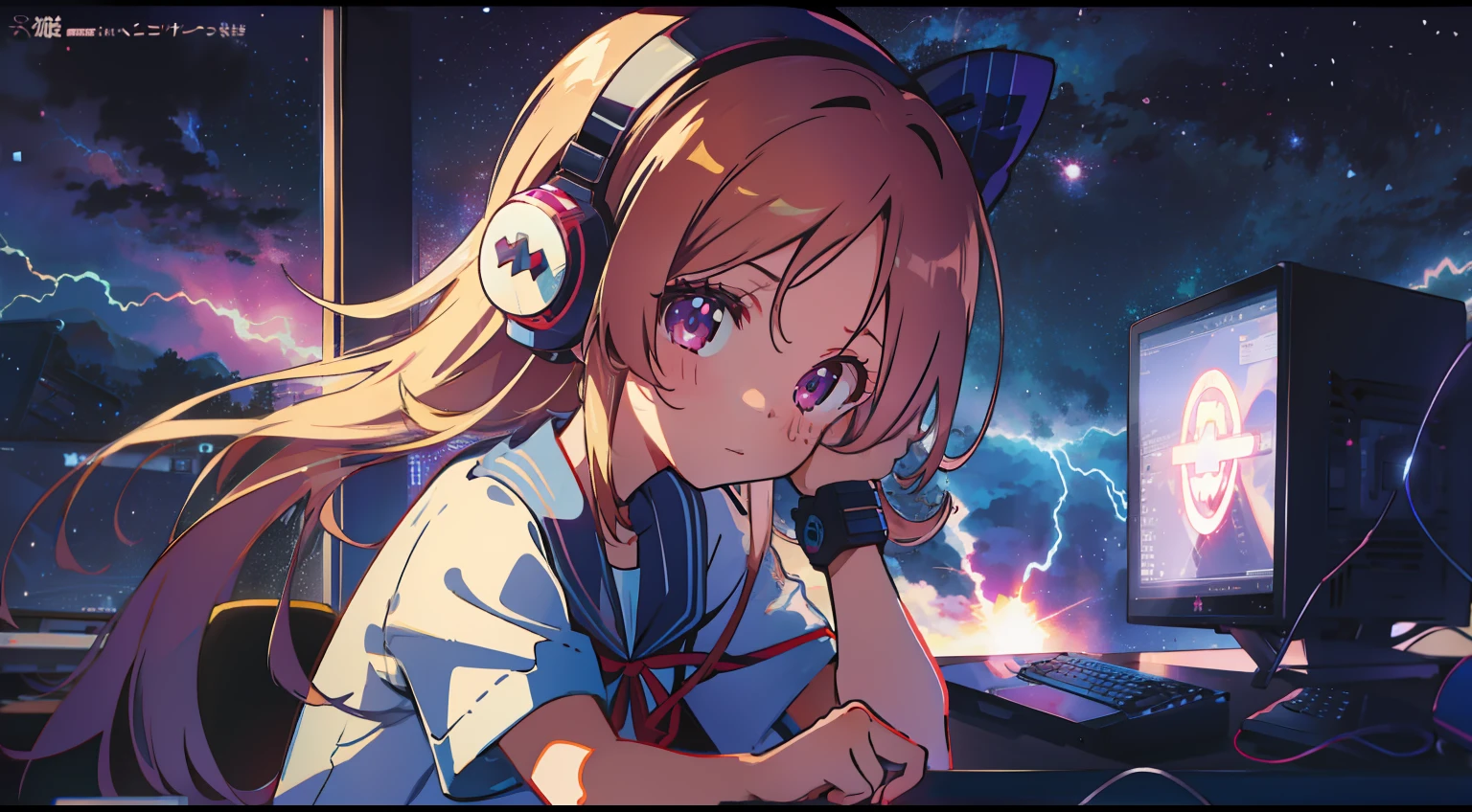 One girl、cute 、computer、Cyber Girl、lightning、Cyberspace、Data space、shortsleeves、onepiece、bow ribbon