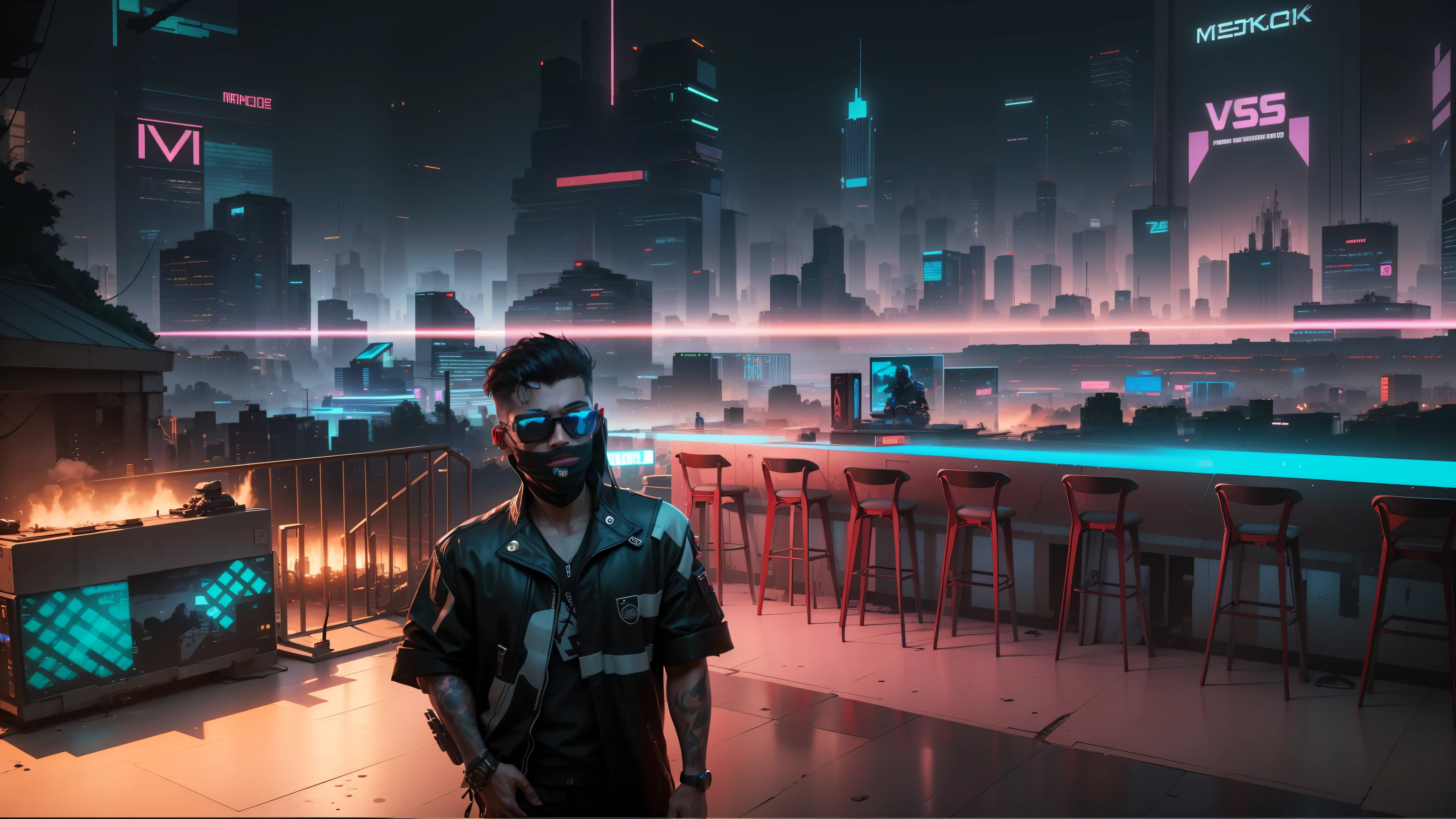 a man in a black jacket and glasses stands in front of a futuristic city, vr game, cyberpunk vibe, cyberpunk vibes, deeper into the metaverse we go, has cyberpunk style, cyberpunk theme, in cyber punk 2077, cyberpunk futuristic, cyberpunk future, synthwave, wearing cyberpunk streetwear, futuristic cyberpunk, cyberpunk tech, retro cyberpunk, synthwave style