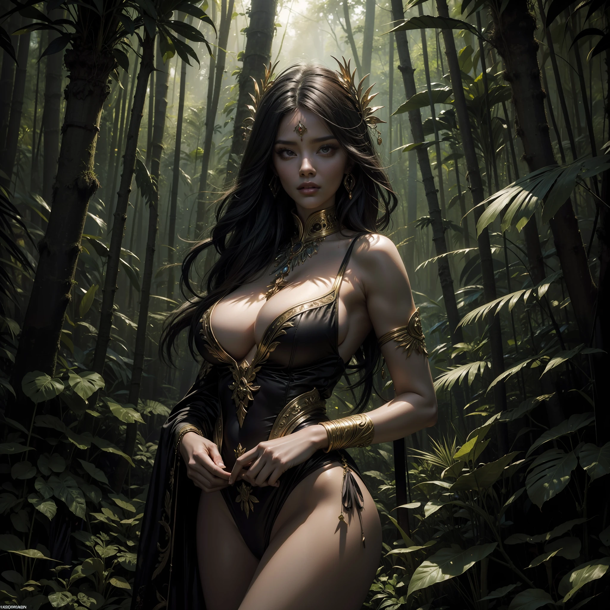 Best Quality, Masterpiece, High Detail, Realistic, High Definition, Adult Film Star, Tall Body, Hourglass Figure, Woman Dancing in the Forest, Jungle, Indonesia, Ancient, Night, Ancient Costume, Seduction. , making an erotic face, making an face, lamp, very little light, very dark, very dark, no light, foggy