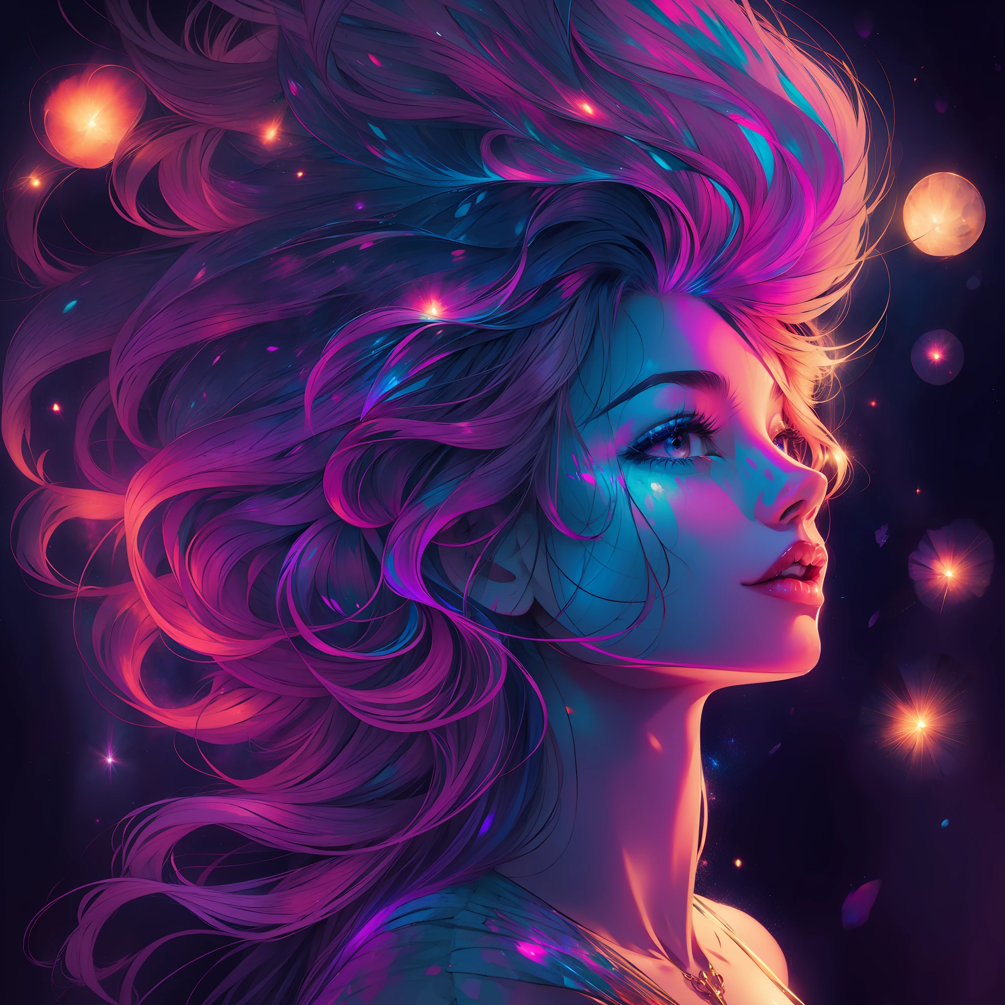 A beautiful gorgeous woman with neon glowing hair in galaxies forms standing
