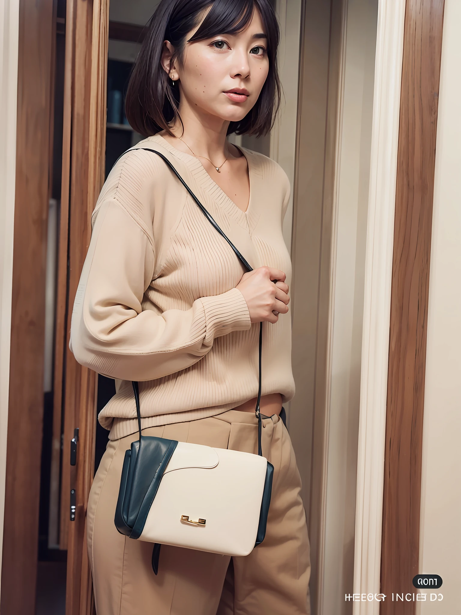 Arad woman in beige sweater and tan pants holds a blue purse, Simple style, Minimalist style, styling, designed for cozy aesthetics!Women with short hair, detailled image, casual clothing style, 2 d cg, the are In the background, minimal style, ( Side ) profile, easygoing, A sense of future technology