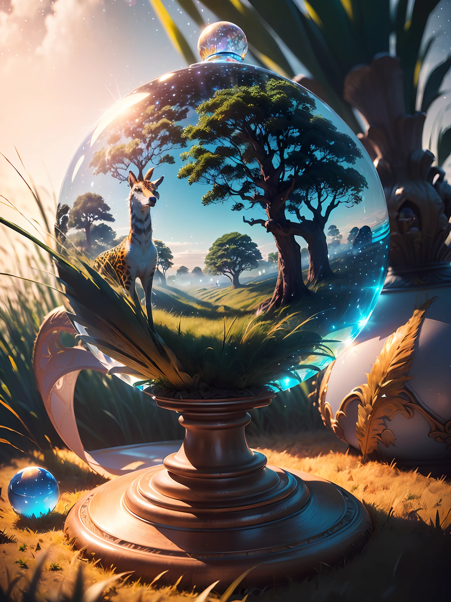 Hyper-realistic、16K High Resolution、(Maximum Sharp Focus:1.3)、(Maximum Close-up:1.5)、(Lots of animals in a single crystal ball with pedestal on table:1.3)、(savanna、grass field、massive trees:1.5)、(white clouds、White fog、milkyway:1.3)、(Large bokeh background、blue back light:1.5)