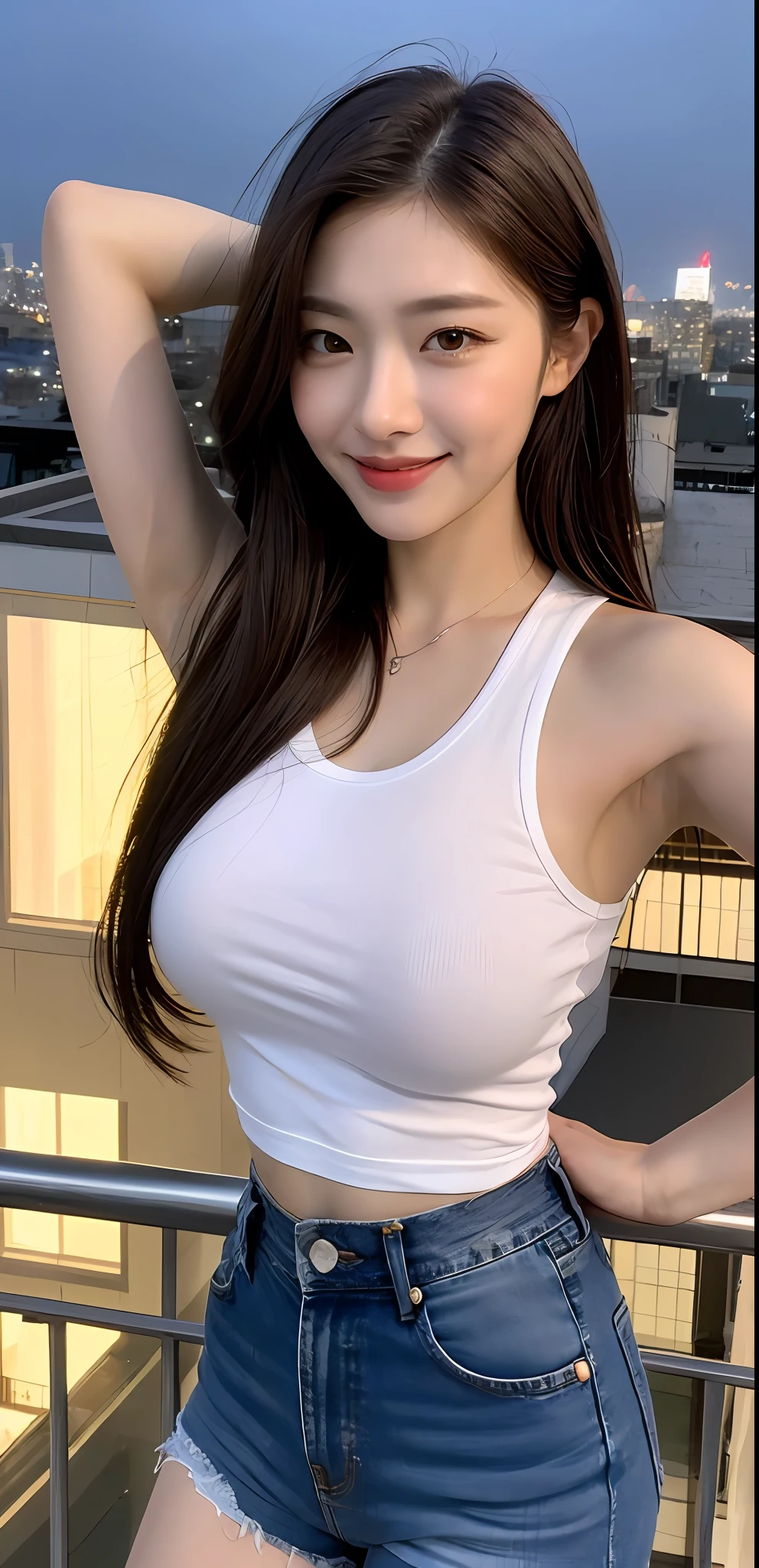 ((Midnight, Best quality, 8k, Masterpiece :1.3)), Whole body, Long legs, Sharp focus :1.2, A pretty woman with perfect figure :1.4, Slender abs :1.1, ((Dark brown hair, huge breasts :1.2)), (white sleeveless tshirt, jeans shorts, Standing:1.2), ((Night city view, Rooftop:1.3)), Highly detailed face and skin texture, Detailed eyes, Double eyelid, armpit, smile