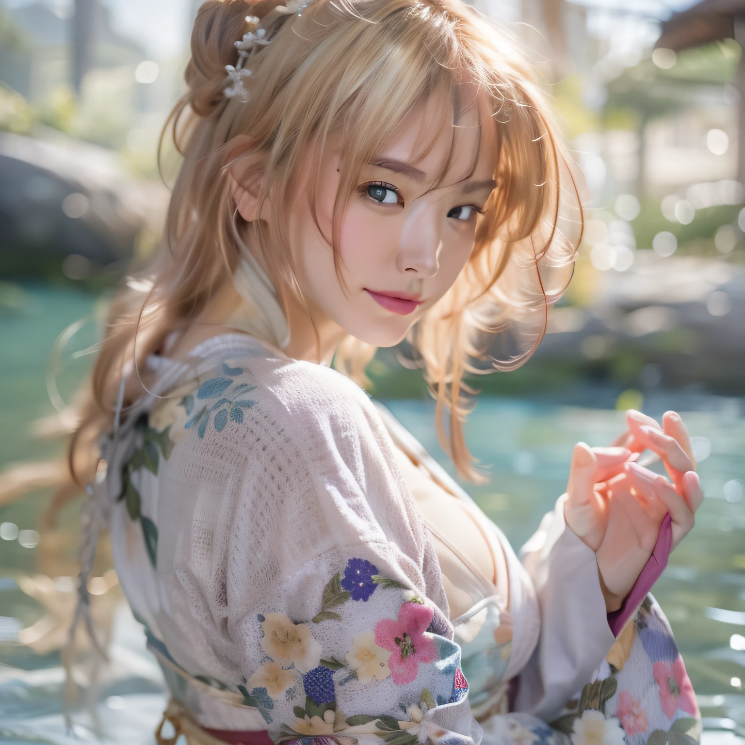 Close up photo of a girl、shorth hair、blonde  hair、Wearing a kimono、Hot spring in the background、Natural hot springs of the highest quality、realisitic、Photorealsitic、(intricate detailes:1.2)、(delicate detail)、(ciinematic light、best quality backlight)、Clear Line、foco nítido、lifelike face、Detailed faces Unity 8K wallpapers、超A high resolution、(Photorealsitic:1.4)、looking at the viewers、cleavage of the breast、huge tit