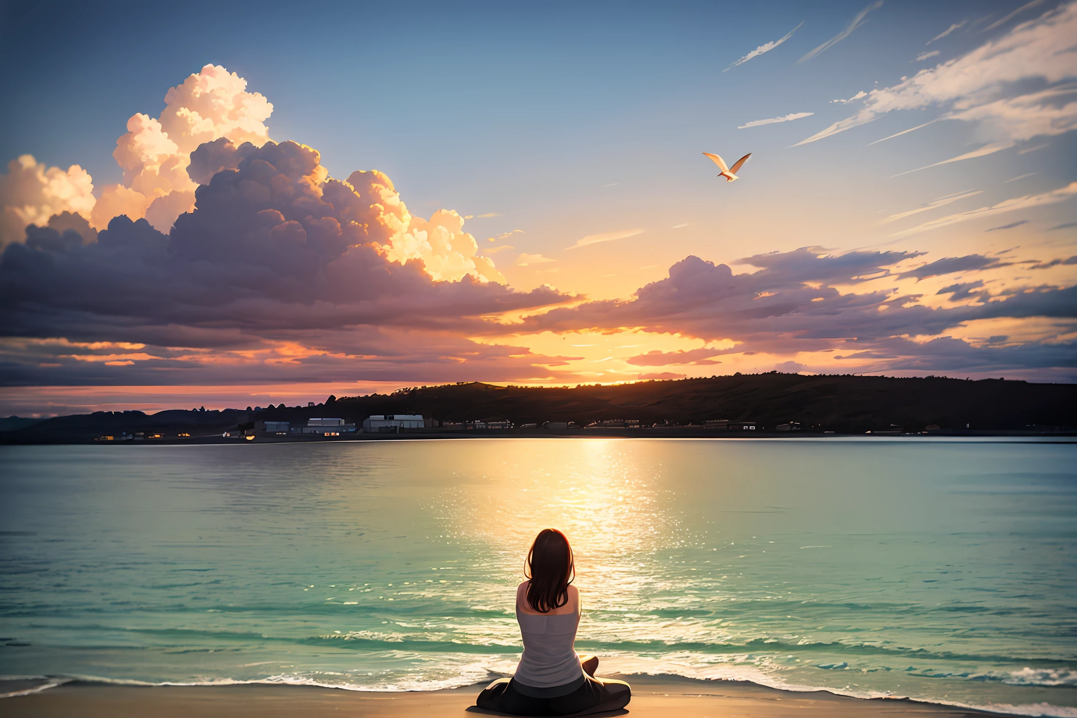 On a beach, a woman sitting on the edge of the sea, with her back to the camera, flowing hair, cuddled with her dog, enjoying the landscape, sky with large cloud formations, laughter, seagulls flying, late afternoon, photorealistic, well detailed, intricate masterpiece, 8k, great focus, ultra HD, absurdly realistic, detailed, perfect composition;