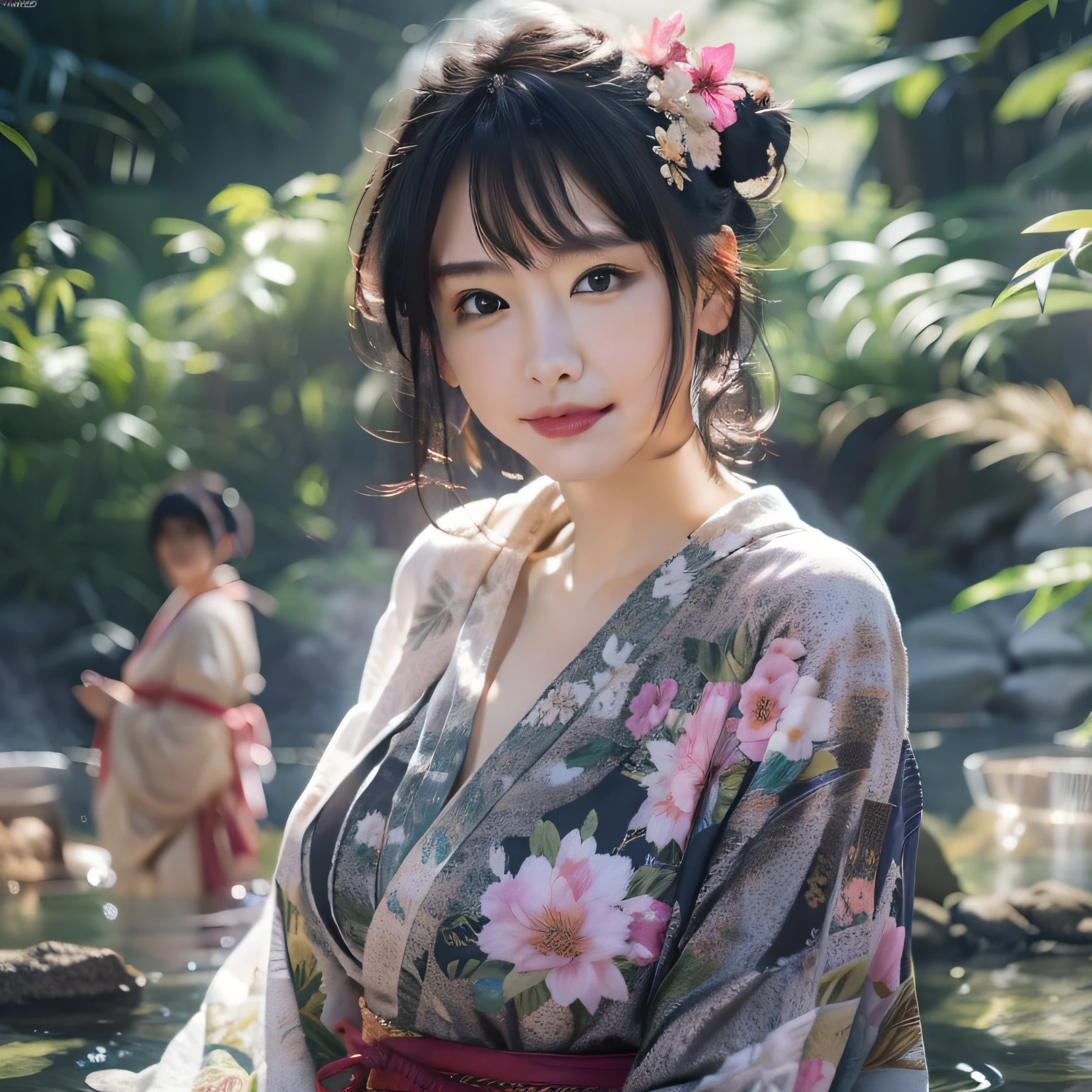 Close up photo of a girl、shorth hair、Black hair、Wearing a kimono、Hot spring in the background、Natural hot springs of the highest quality、realisitic、Photorealsitic、(intricate detailes:1.2)、(delicate detail)、(ciinematic light、best quality backlight)、Clear Line、foco nítido、Lifelike face、Detailed faces Unity 8K wallpapers、超A high resolution、(Photorealsitic:1.4)、looking at the viewers、cleavage of the breast、Colossal tits