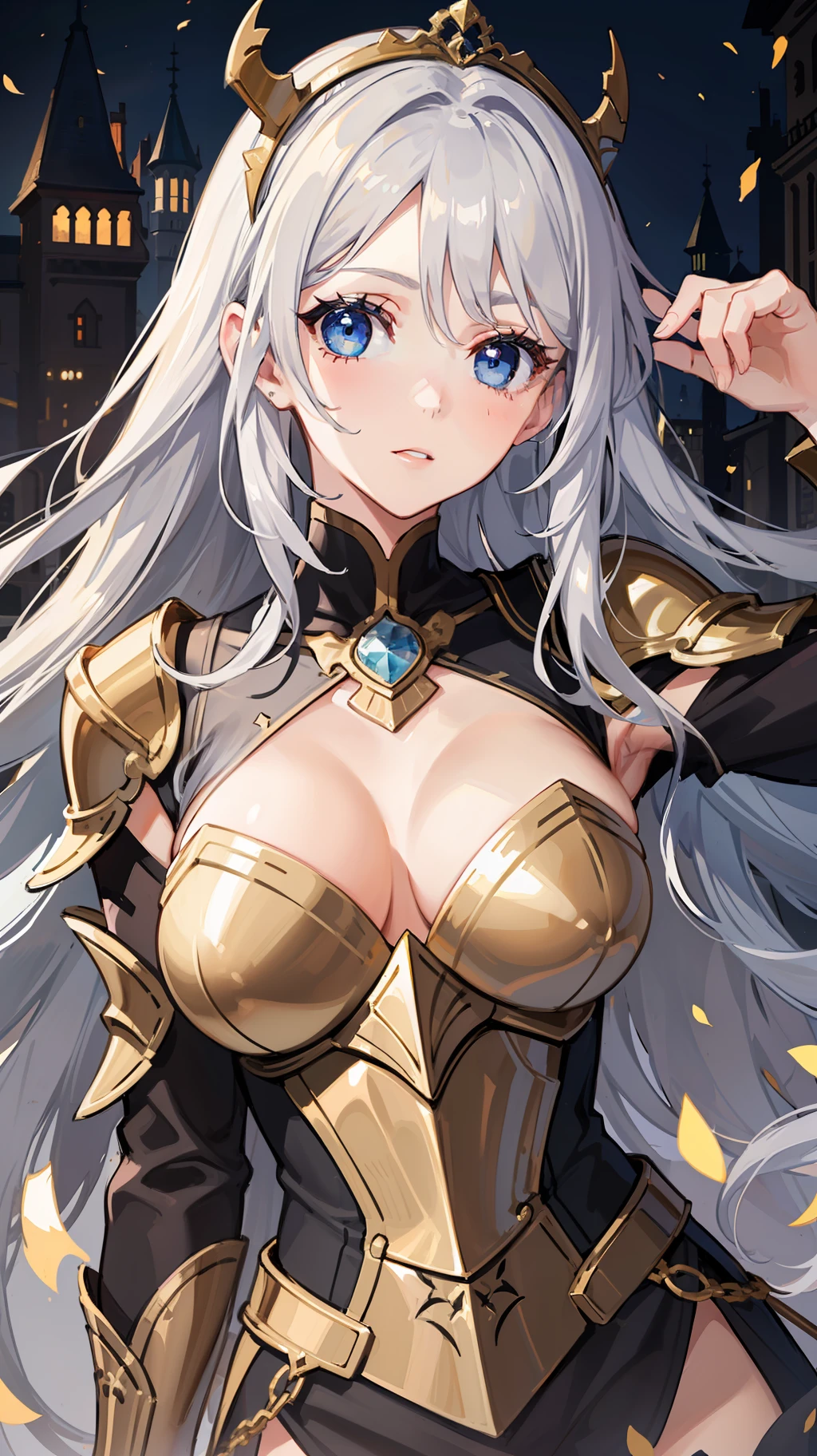 1girl in,Bust Up Shot, Blue eyes, slanted eye , Big eyes:1.3, Silver hair, Long hair, Wavy Hair, Forehead, Large breasts, golden armour, armor dress, diadems, in a castle,