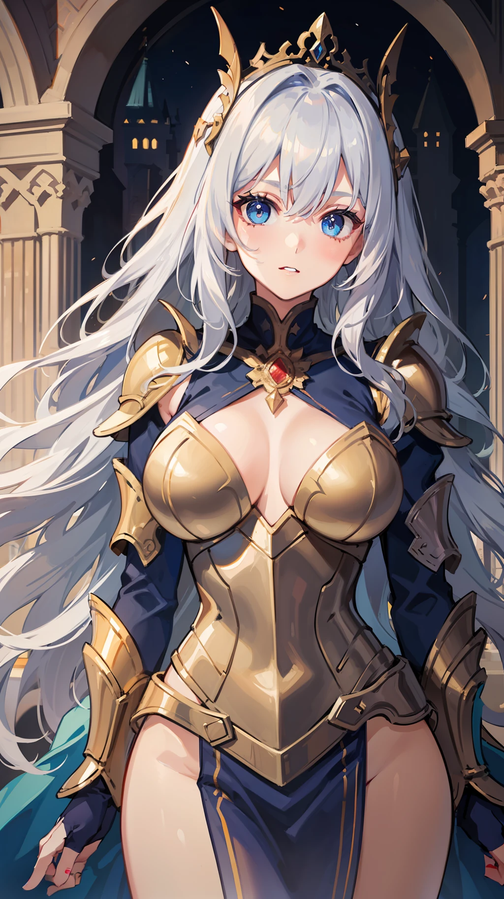 1girl in,Bust Up Shot, Blue eyes, slanted eye , Big eyes:1.3, Silver hair, Long hair, Wavy Hair, Forehead, Large breasts, golden armour, armor dress, diadems, in a castle,