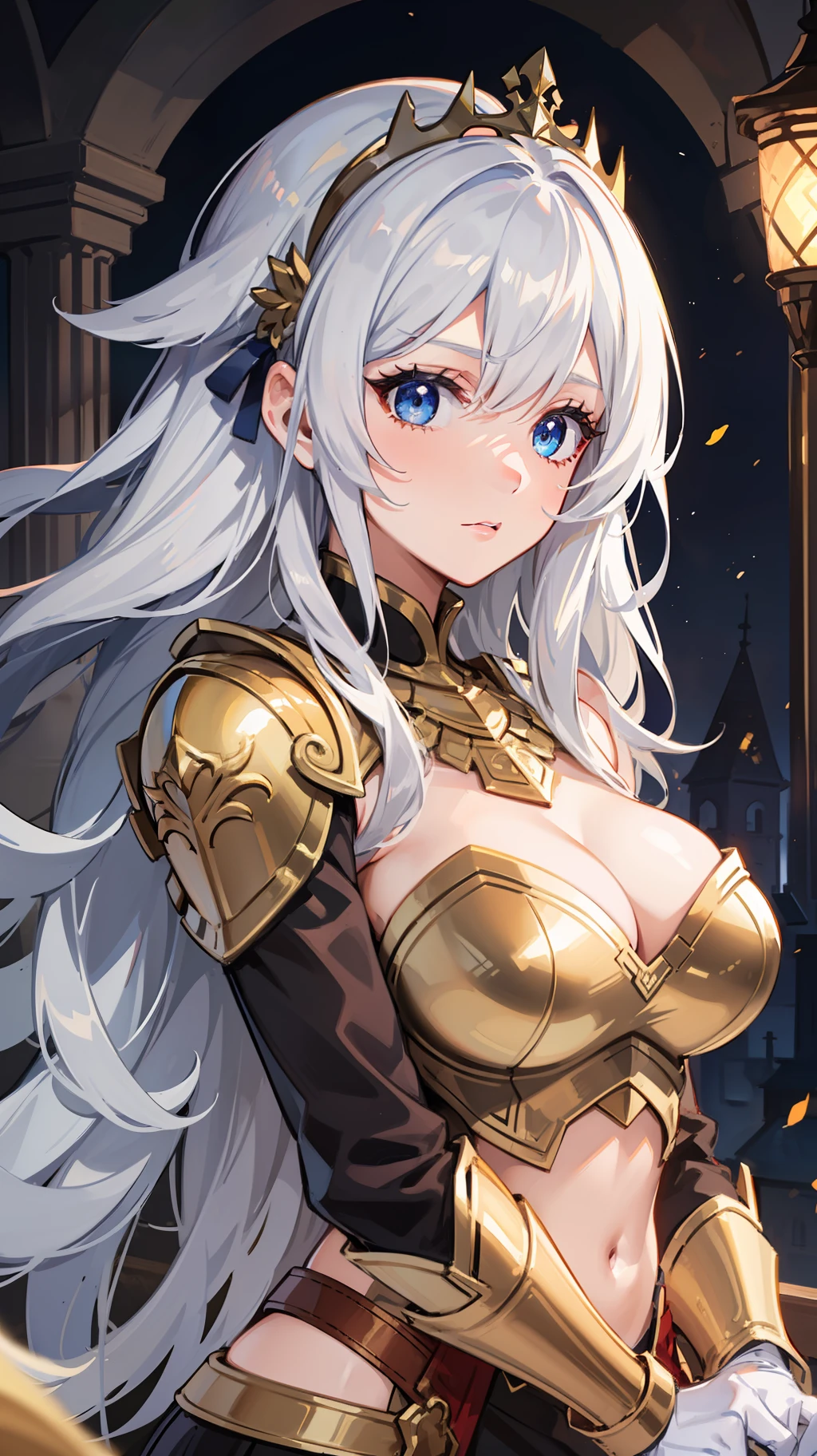 1girl in,Bust Up Shot, Blue eyes, slanted eye , Big eyes:1.3, Silver hair, Long hair, Wavy Hair, Forehead, Large breasts, golden armour, armor dress, diadems, in a castle,