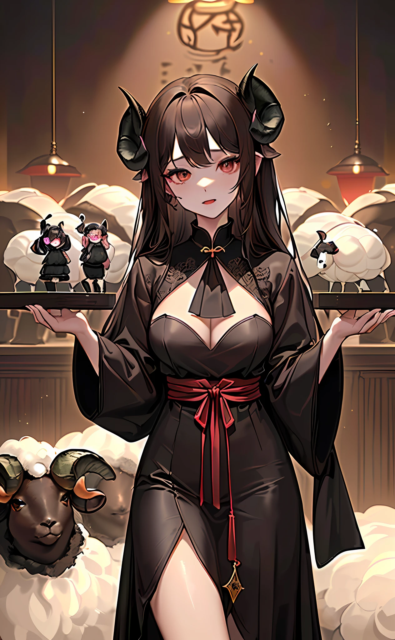 (Photorealsitic:1.3), masterpiece, top-quality, (intricate detailes:1.2), (landscapes:1.3), beautiful countenance, (Black theme:1.3),
(((1girl in、Girl in priestly clothes、(Take a look at Veiwer:1.3).((Brown sheep horns))、)))、Split in half、Detailed pupils、Drawn eyes、((((Sheep's eye))))、