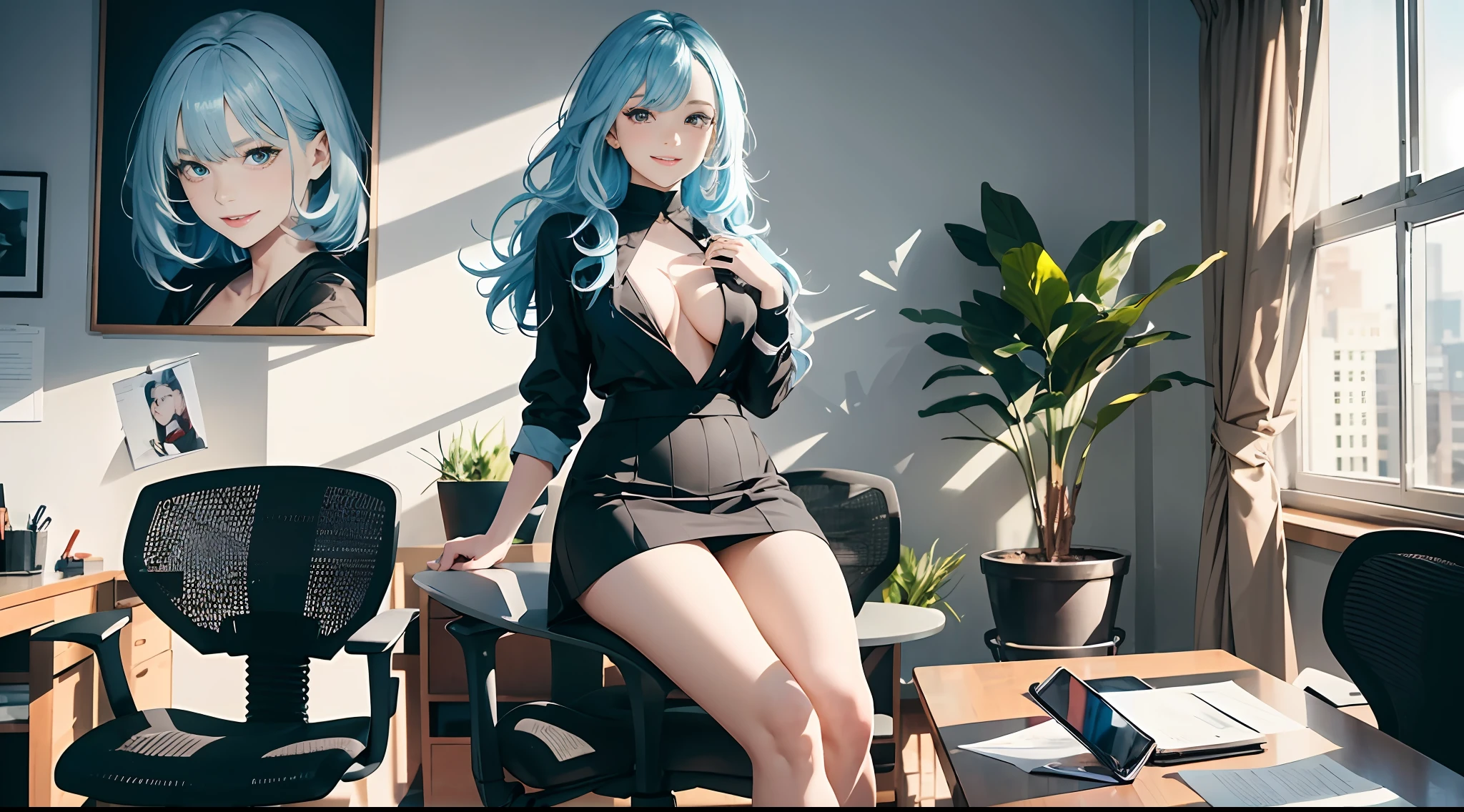 light blue hair,Translucent black silk,Interior office background,quadratic element,Black hip skirt,Rich facial expressions,Smiling,Fine fine skin,Black high heels,8K,the highest picture quality,Primary color character Gan Yu,Brown eyes,Holding a doll,sit on chair,office room,Office chair,Reasonable facial structure,Vivid eyes,Smiling,Indoor office scene,Reasonable facial structure,Vivid eyes,hair detail,Reasonable body structure,Rich interior scenes,the soft light,clothes details,The legs are shiny,(White color blouse:1.2)