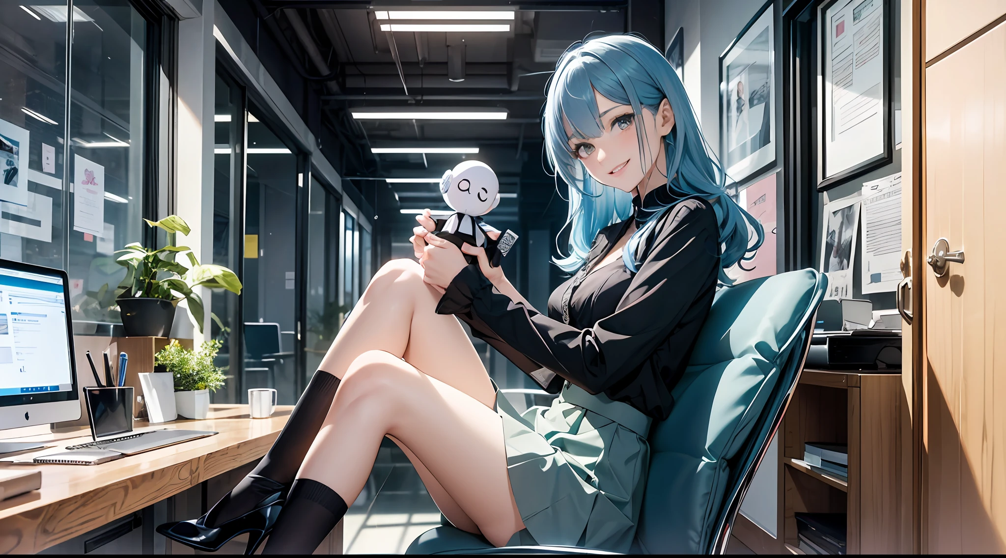 light blue hair,Translucent black silk,Interior office background,quadratic element,Black hip skirt,Rich facial expressions,Smiling,Fine fine skin,Black high heels,8K,the highest picture quality,Primary color character Gan Yu,Brown eyes,Holding a doll,sit on chair,office room,Office chair,Reasonable facial structure,Vivid eyes,Smiling,Indoor office scene,Reasonable facial structure,Vivid eyes,hair detail,Reasonable body structure,Rich interior scenes,the soft light,clothes details,The legs are shiny,(White color blouse:1.2)