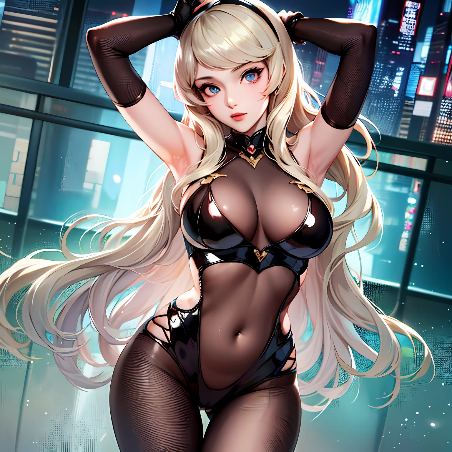 Mulher com cabelo loiro, anime sedutora, Anime Garota Cosplay, Ann Takamaki de Persona 5, gama murata e artgerm, anime hiper realista, Pose sexy, Gravidade Rush Inspirado, aluna hiperrealista, anime fotorrealista | | |, Cosplay glamouroso elegante, uma aluna hiperrealista, Cosplay glamouroso, pernas abertas, sentada, roupa transparente