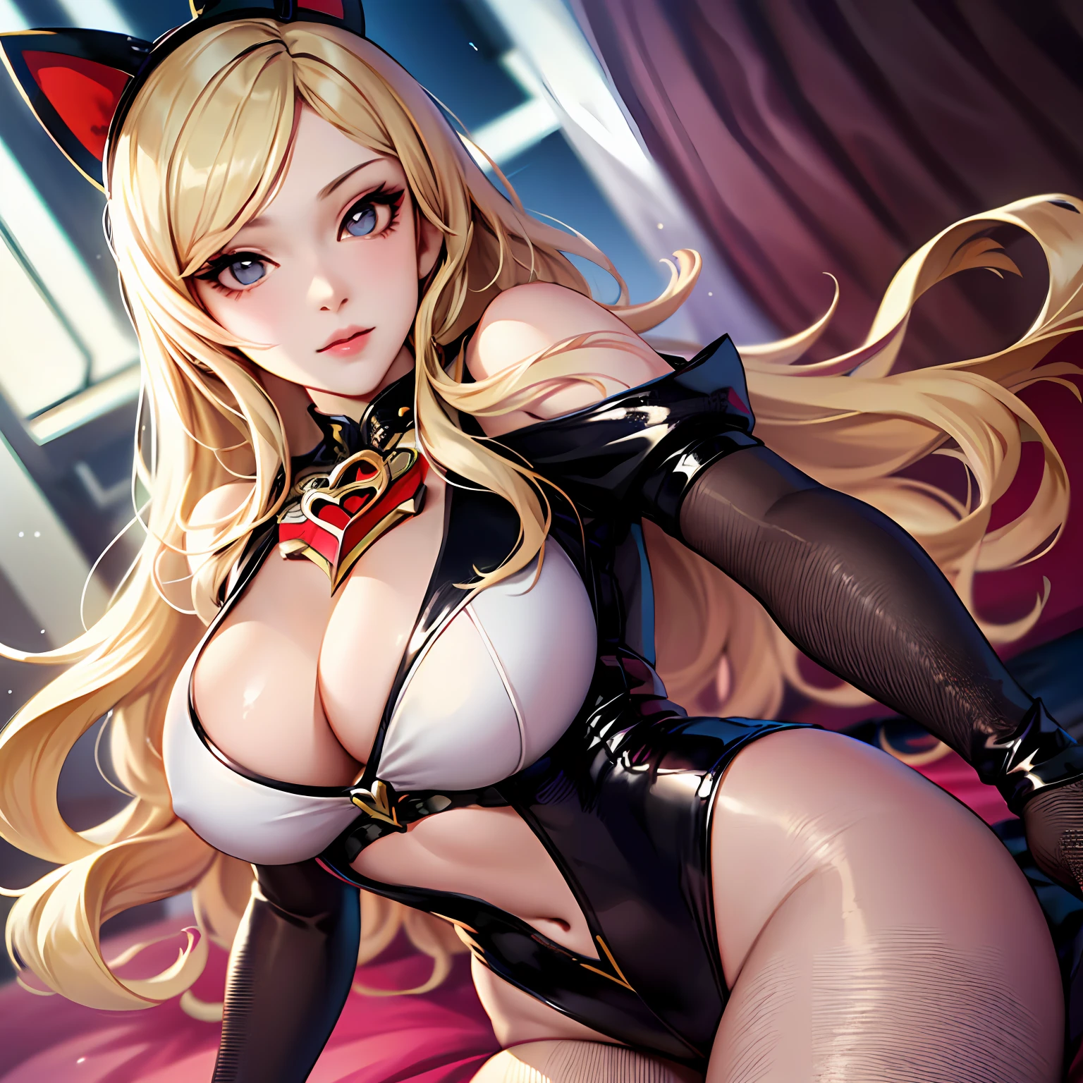 Mulher com cabelo loiro, menina anime sedutora, Anime Garota Cosplay, Ann Takamaki de Persona 5, gama murata e artgerm, anime hiper realista, Pose sexy, Gravidade Rush Inspirado, aluna hiperrealista, anime fotorrealista | | |, Cosplay glamouroso elegante, uma aluna hiperrealista, Cosplay glamouroso, pernas abertas, sentada, roupa transparente