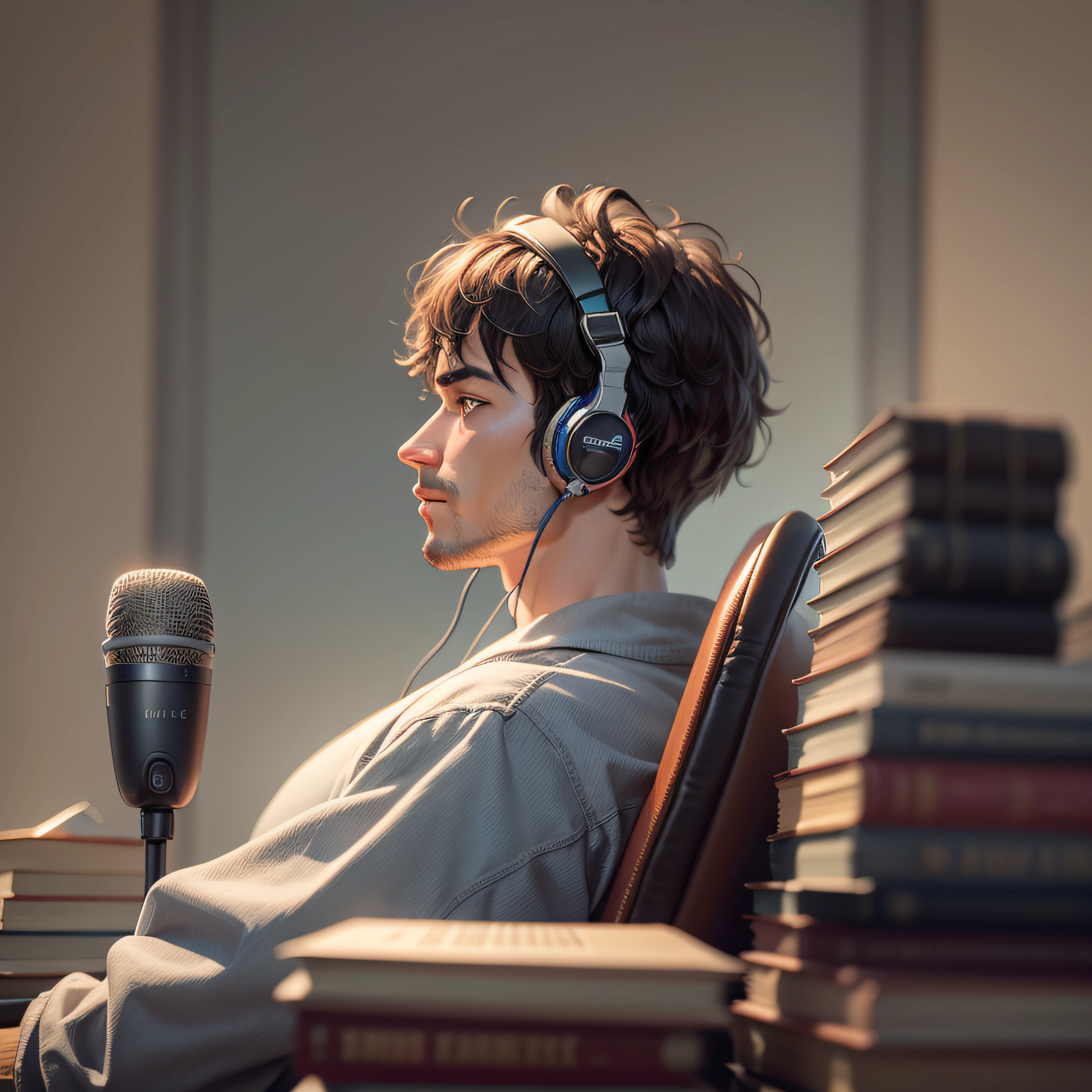 arafed man holding a microphone and a stack of books, sitting in front of a microphone, holding a microphone, holding microphone, profile picture 1024px, standing microphones, profile picture, with head phones year 2500, bottom - view