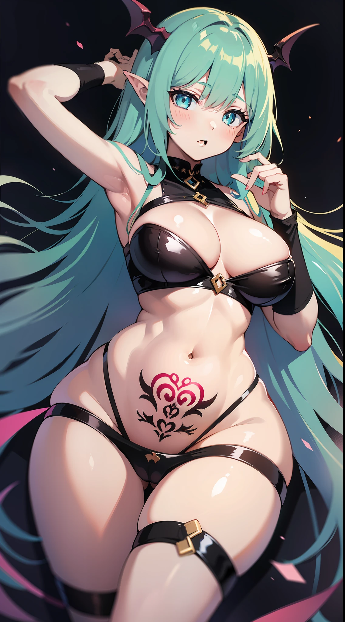 young girl, Long white hair, Cyan eyes, Tatoo, succubus, open belly, open breasts, Masterpiece, hiquality