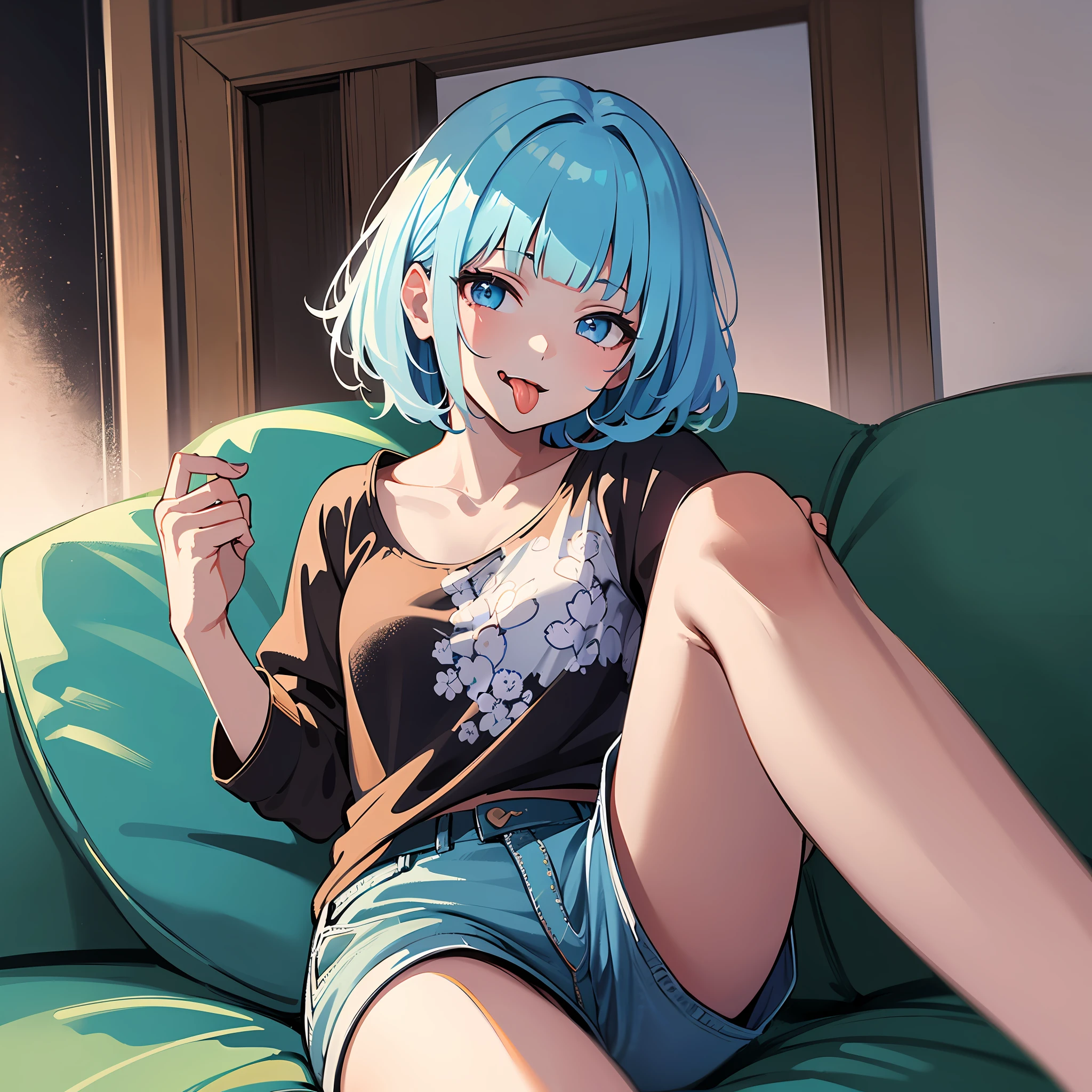 (masterpiece:1.3), (best quality:1.3), high resolution,
couboy shot,
body facing forward, sitting on the sofa,
(one cute girl:1.3), solo,
white skin, small Breast, eight-headed person,
light blue hair, (bobbed hair:1.2), (short hair:1.2), (blunt bangs:1.2), beautiful hair, blue eyes, beautiful detailed eyes,
(tongue out:1.3), heart, cheerful smile,
casual clothes, short pants, Simple Costumes,
indoors, living, white room,
shadowlighting,