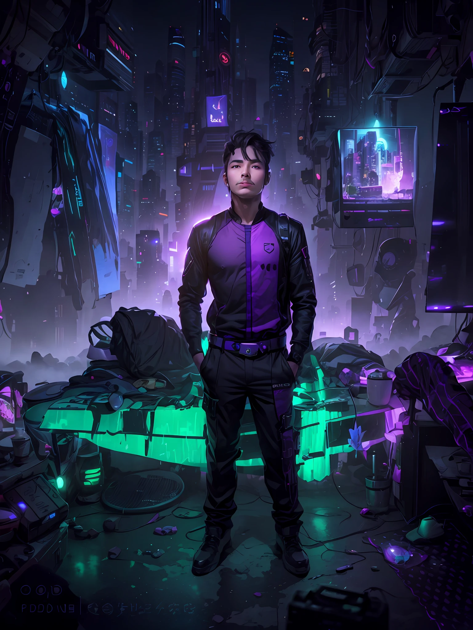 A futuristic hopeful busy city, purple and green color scheme." --auto