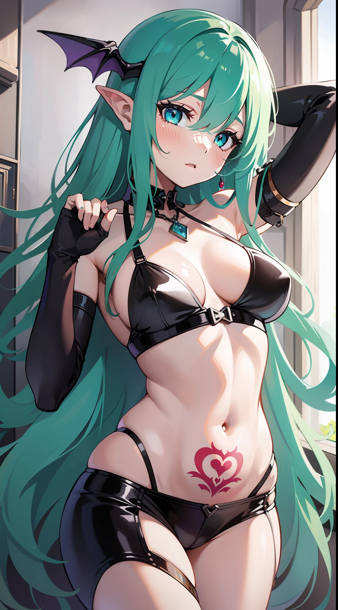 young girl, Long white hair, Cyan eyes, Tatoo, succubus, open belly, open breasts, Masterpiece, hiquality